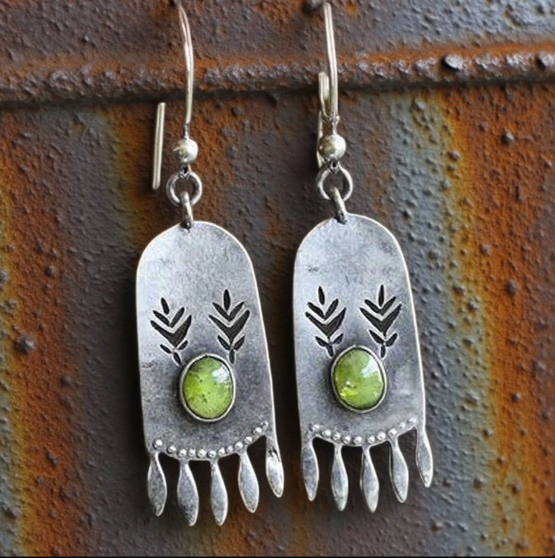 Tribal-Inspired Silver Dangle Earrings with Green Stone and Leaf Etching