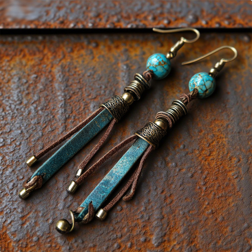 Bohemian Turquoise Leather Tassel Earrings