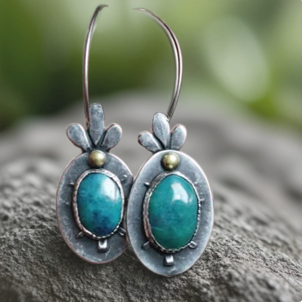 Rustic Oval Earrings with Turquoise Gemstones and Leaf Motif