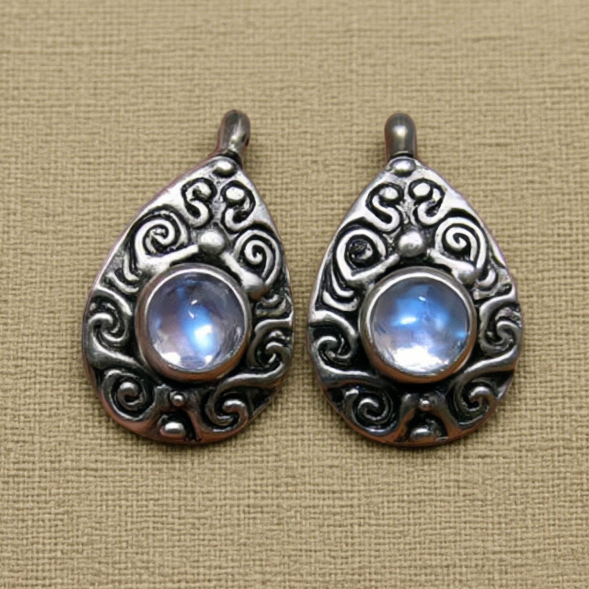 Moonstone Teardrop Earrings – Vintage Boho Sterling Silver Swirl Design Goddess Jewelry