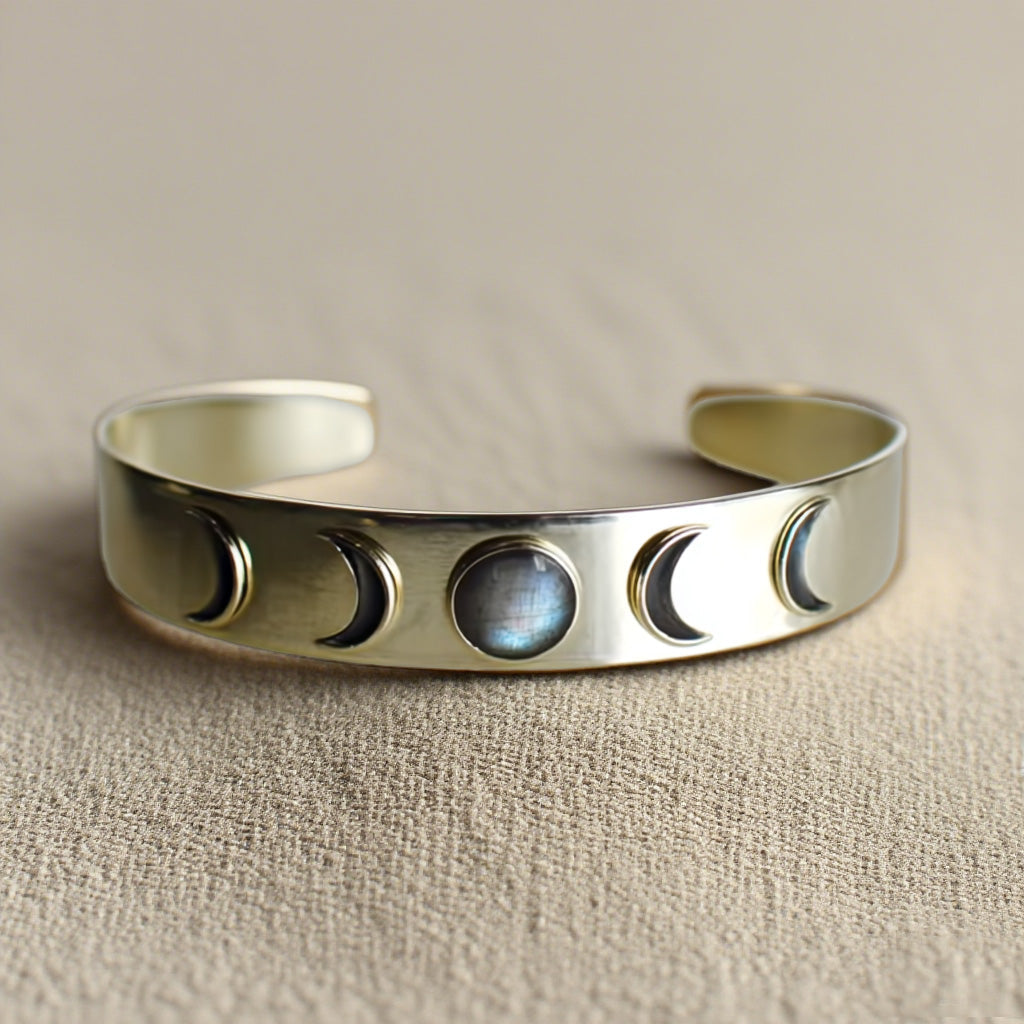 Moon Phase Cuff Bracelet – Gold-Tone Lunar Cycle Bangle with Center Moonstone Cabochon