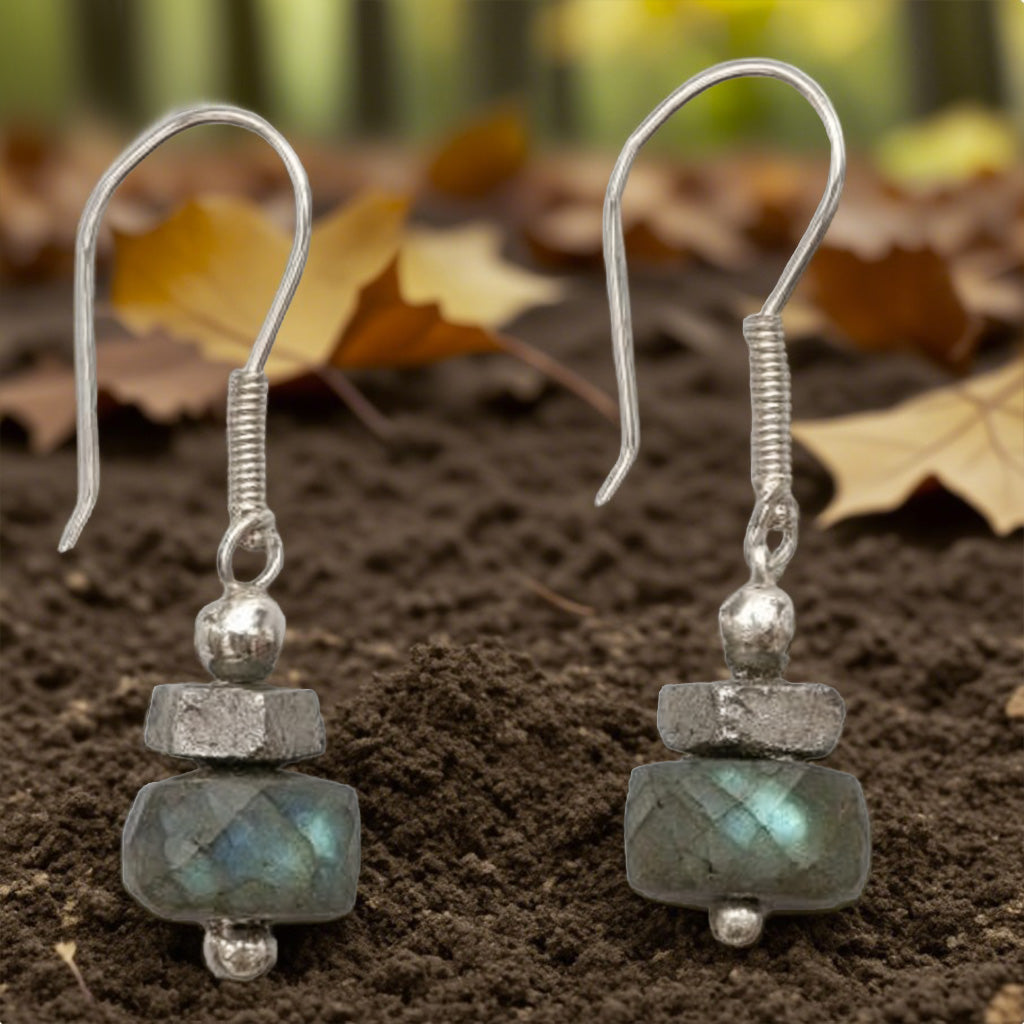 Minimalist Labradorite Drop Earrings with Silver Accents – Handmade Rustic Elegance