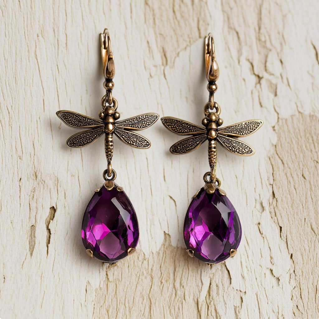 Vintage Dragonfly Drop Earrings – Antique Bronze with Purple Teardrop Crystal