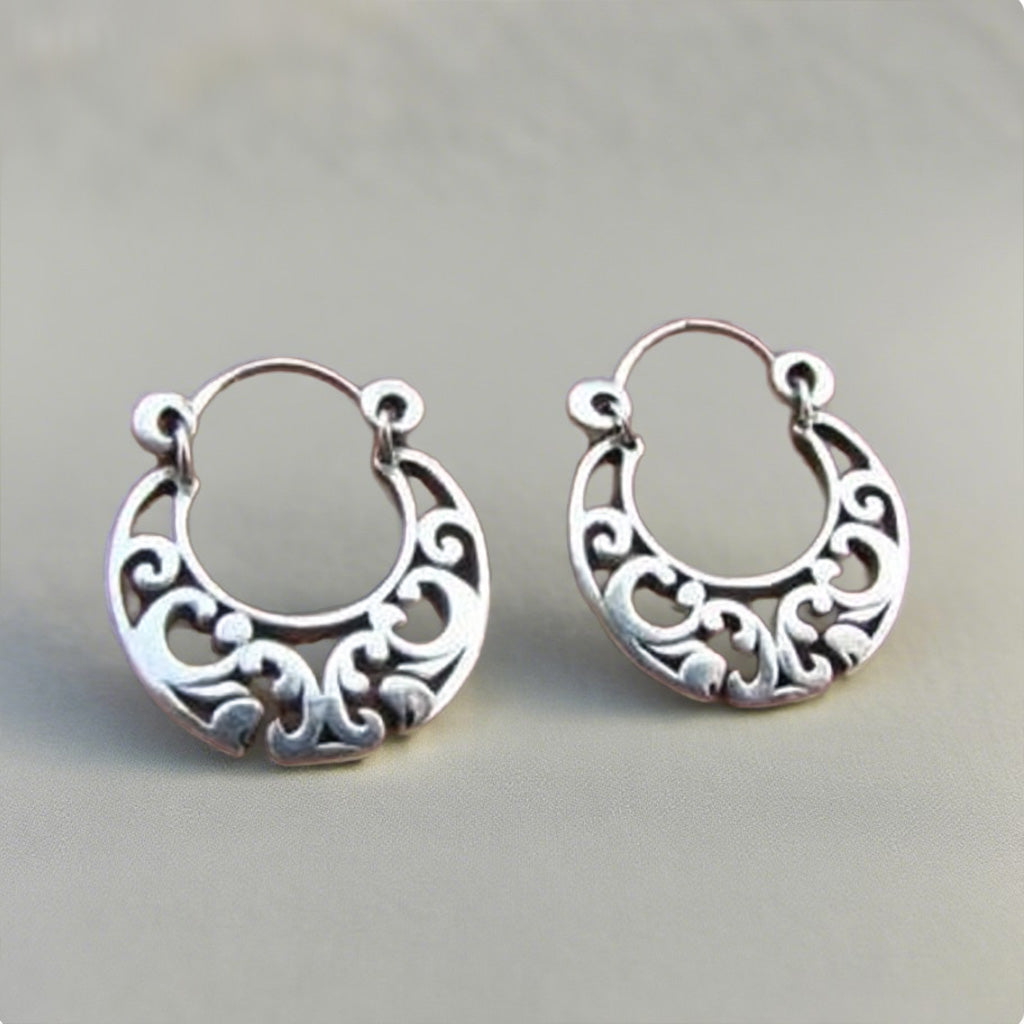 Boho Filigree Hoop Earrings – Vintage Silver Cutout Crescent Design