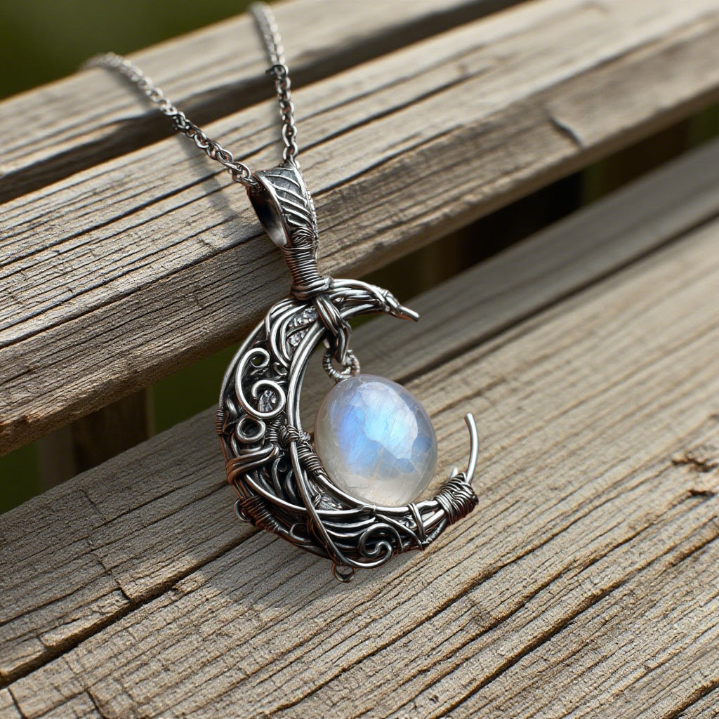 Handcrafted Crescent Moon Necklace with Rainbow Moonstone – Wire Wrapped Silver Lunar Pendant