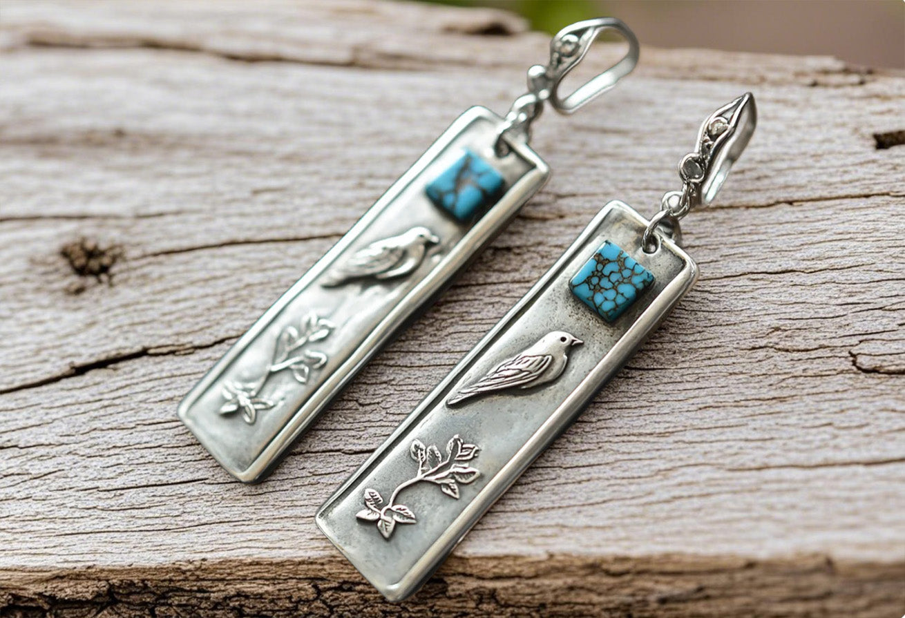 Rustic Bird & Branch Dangle Earrings with Turquoise Accent
