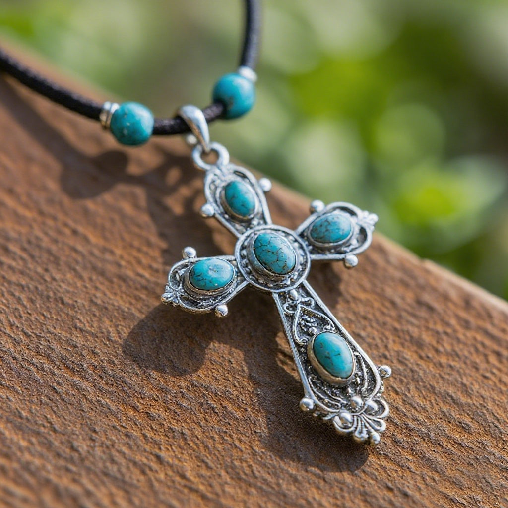 Vintage Turquoise Cross Pendant Necklace