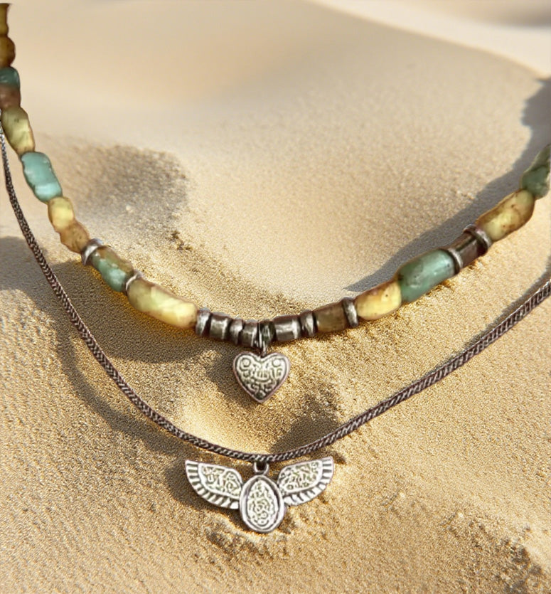Bohemian Double Layer Tribal Necklace – Natural Stone Beads with Antique Heart & Winged Charm Pendants