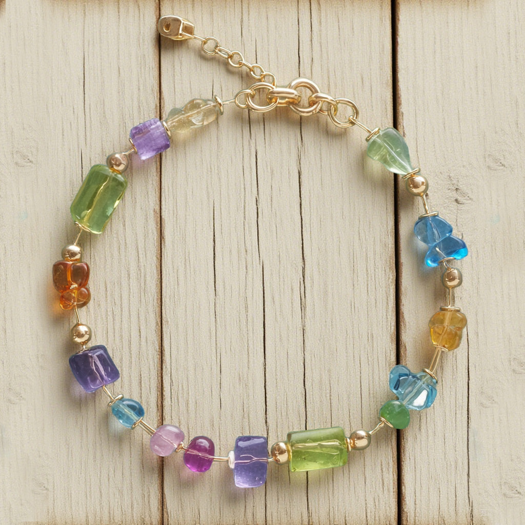 Rainbow Gemstone Beaded Bracelet – Multicolor Natural Stones with Gold Accents, Adjustable Chain