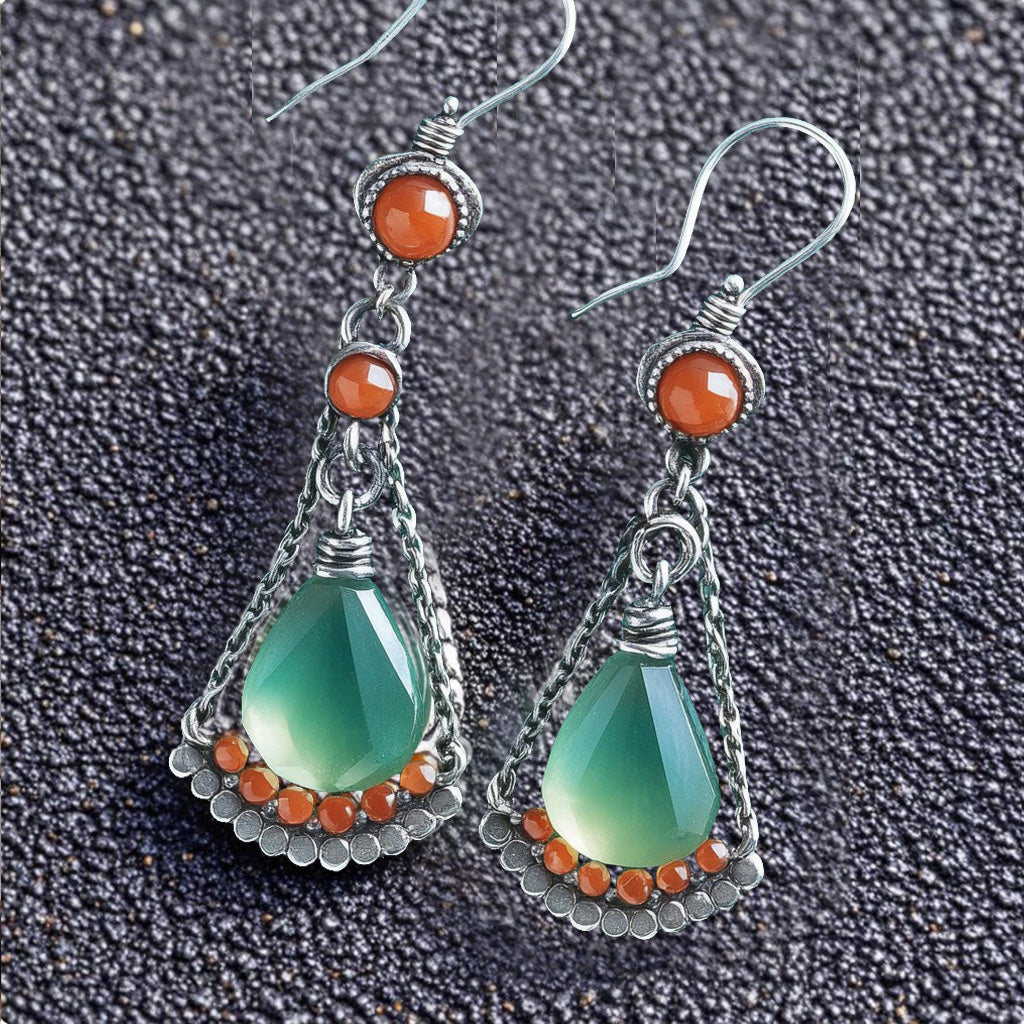 Vintage Teardrop Dangle Earrings – Green Crystal & Orange Bead Boho Earrings for Women
