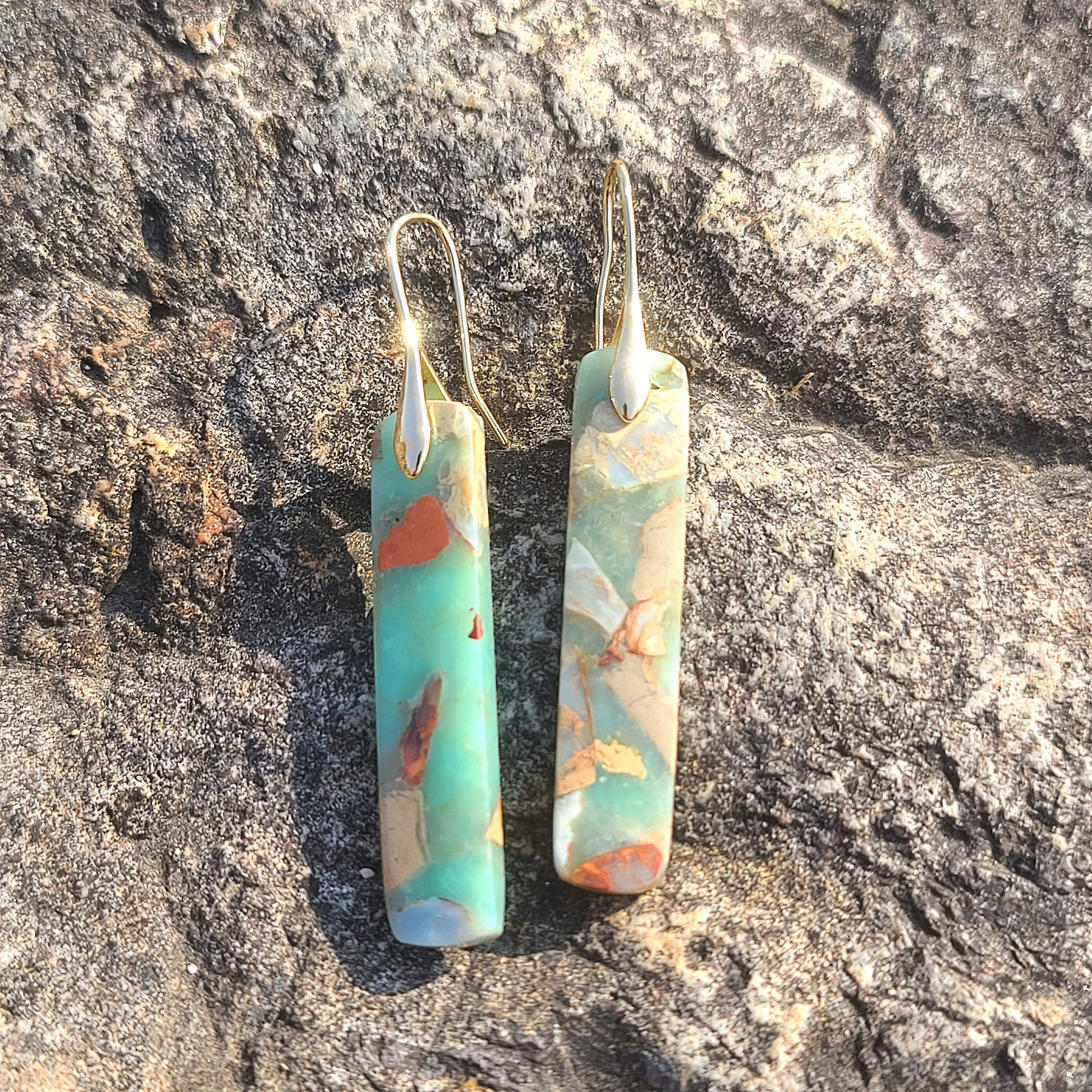 Handmade Mint Green & Terracotta Mosaic Resin Earrings – Long Rectangular Drop with Gold Hooks