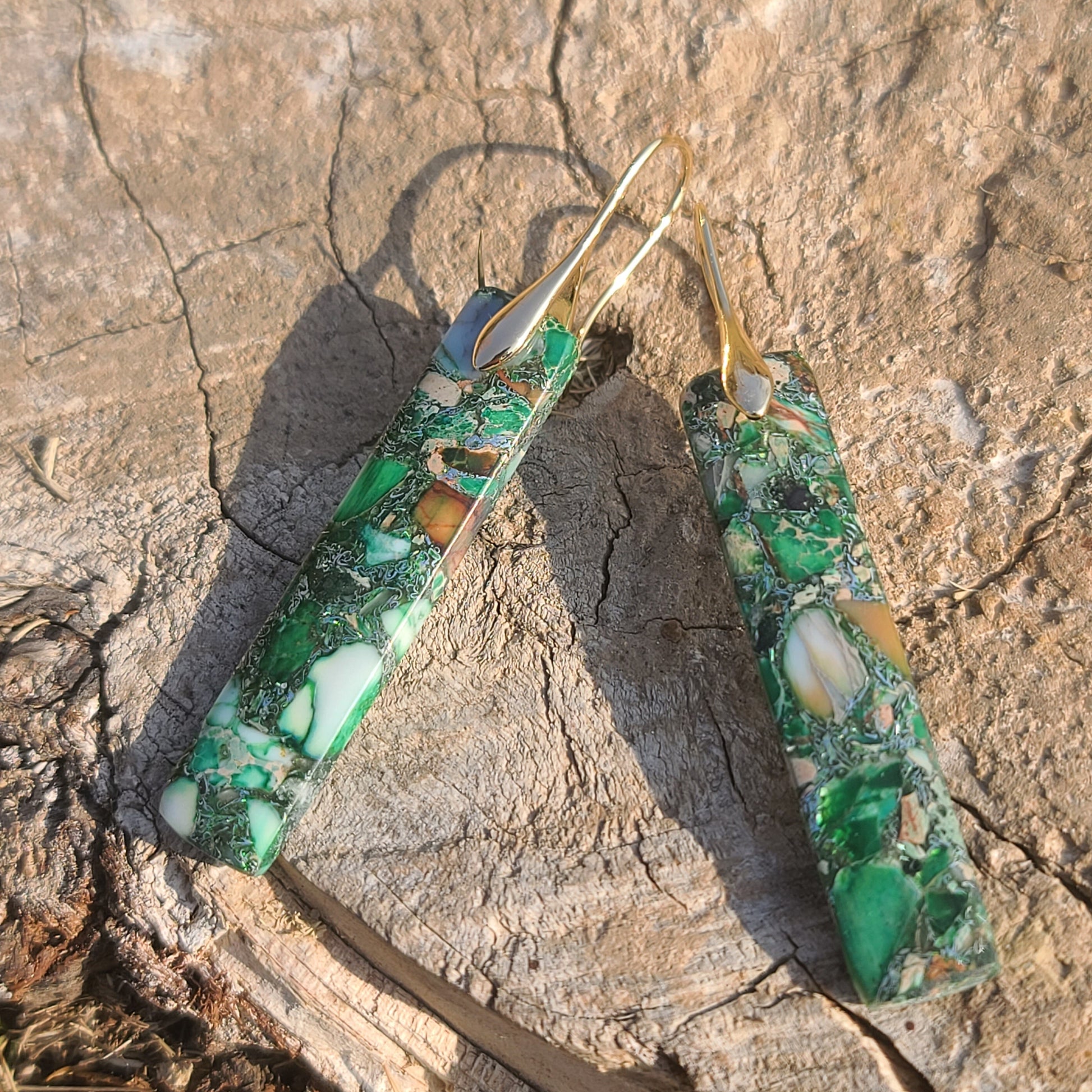 Handmade Forest Green Mosaic Resin Earrings – Long Rectangular Drop Earrings with Gold Hooks