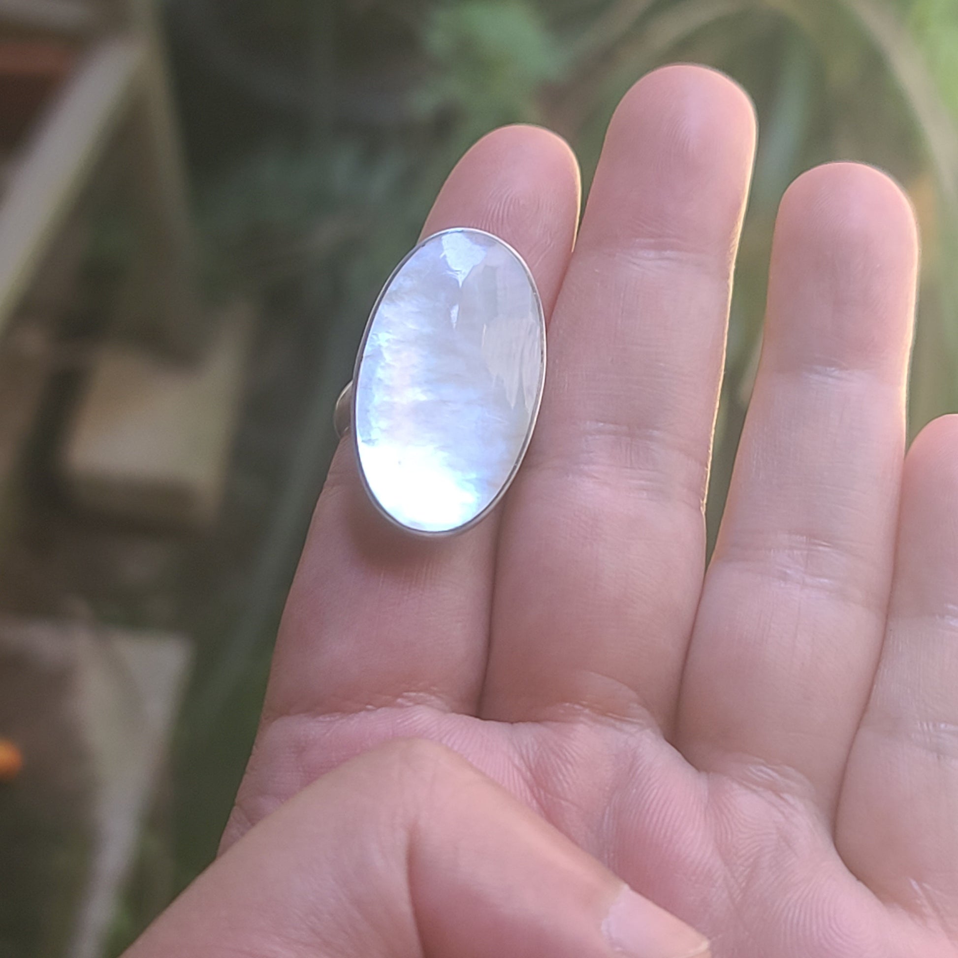 Oval White Mother of Pearl Ring – Elegant Handmade Shell Jewelry in Silver Setting