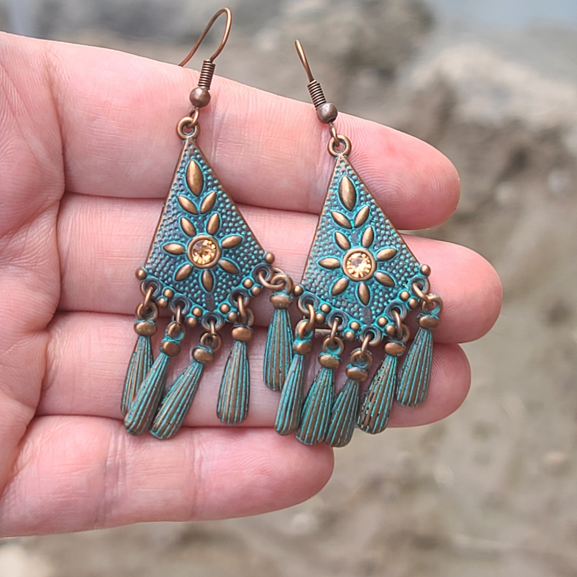 Bohemian Vintage Turquoise Chandelier Earrings – Antique Copper Floral Drop Dangles