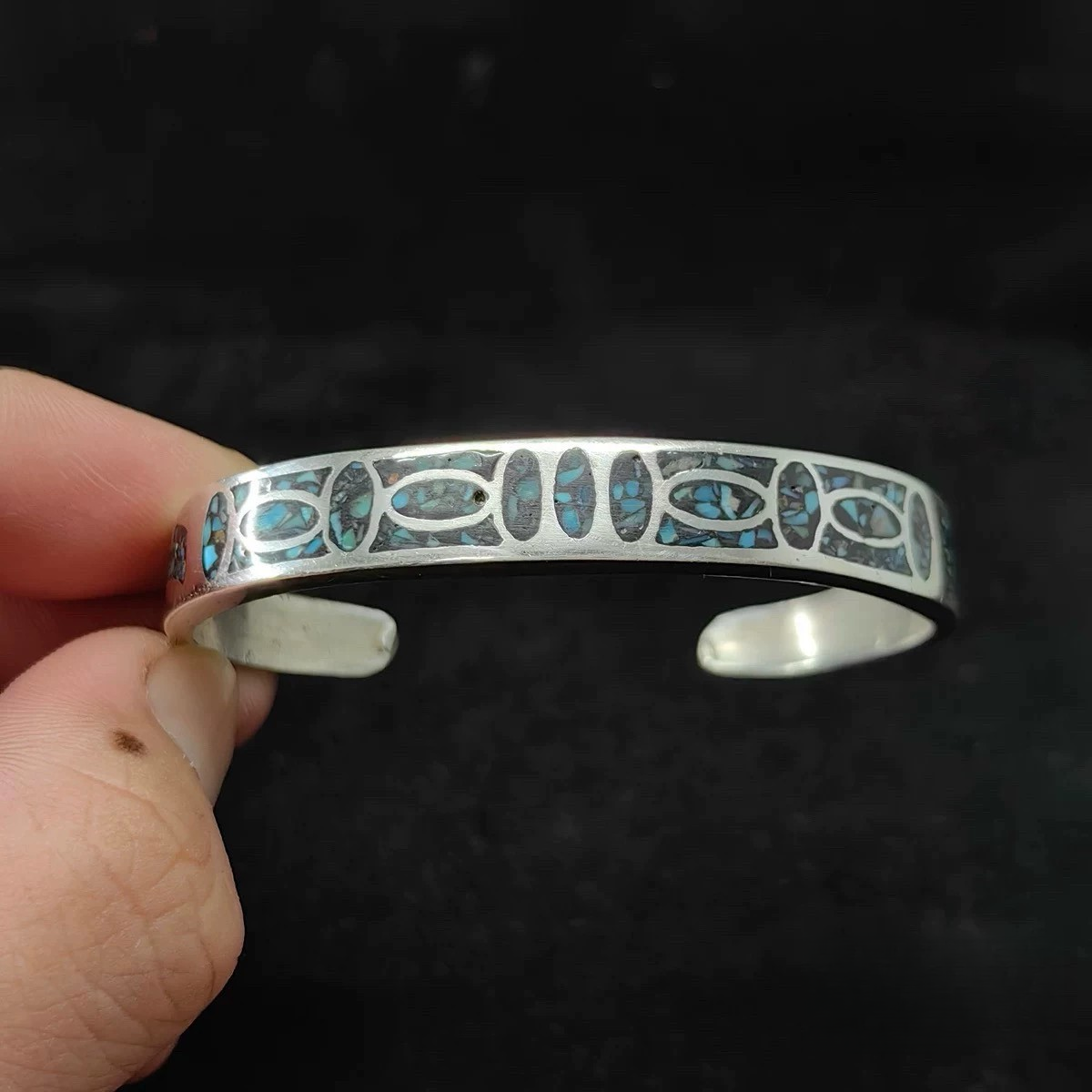 Handmade Sterling Silver Tribal Cuff Bracelet with Turquoise Inlay – Adjustable Boho Unisex Jewelry