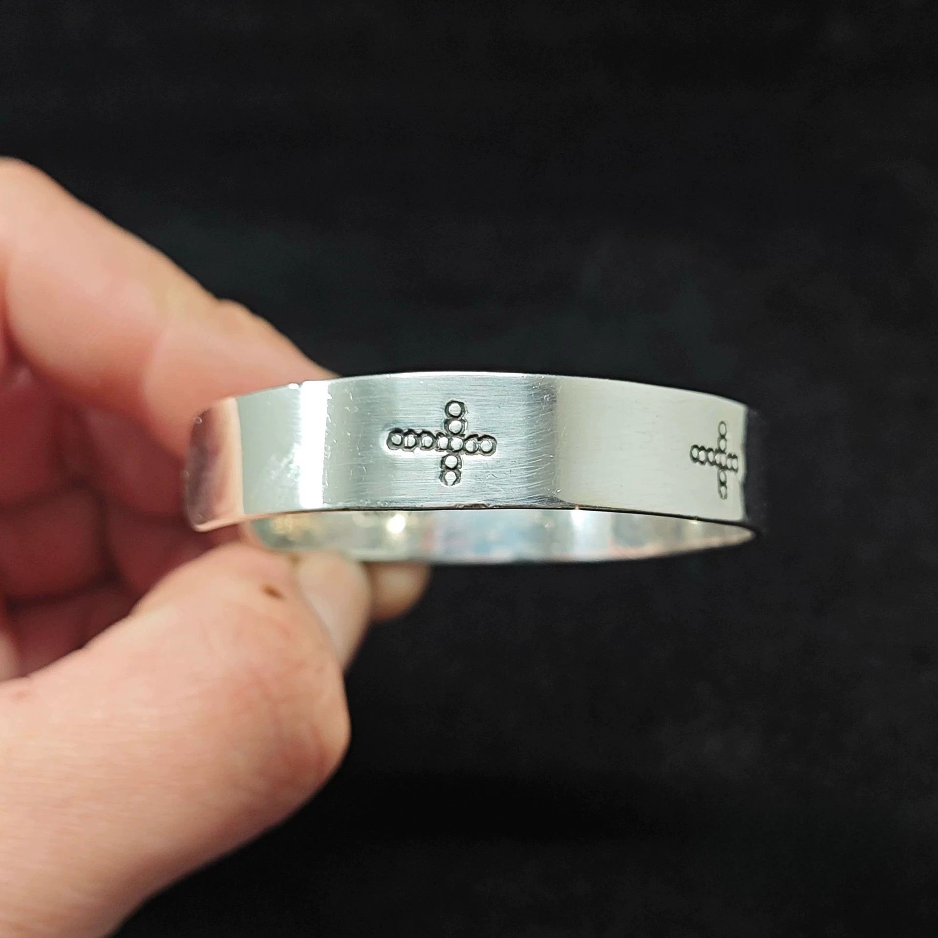 Minimalist Sterling Silver Cuff Bracelet with Stamped Cross and Dot Accents – Handmade Unisex Bangle