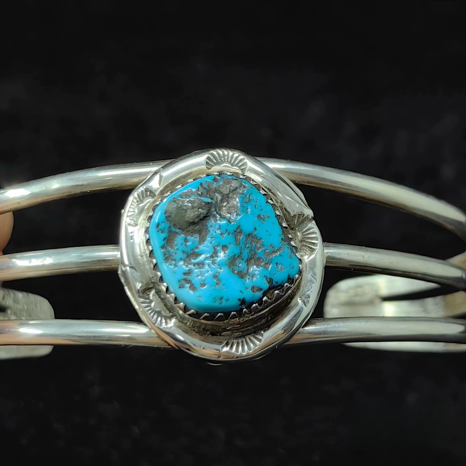Handmade Sterling Silver Cuff Bracelet with Natural Turquoise – Triple Band Southwestern Style Bangle