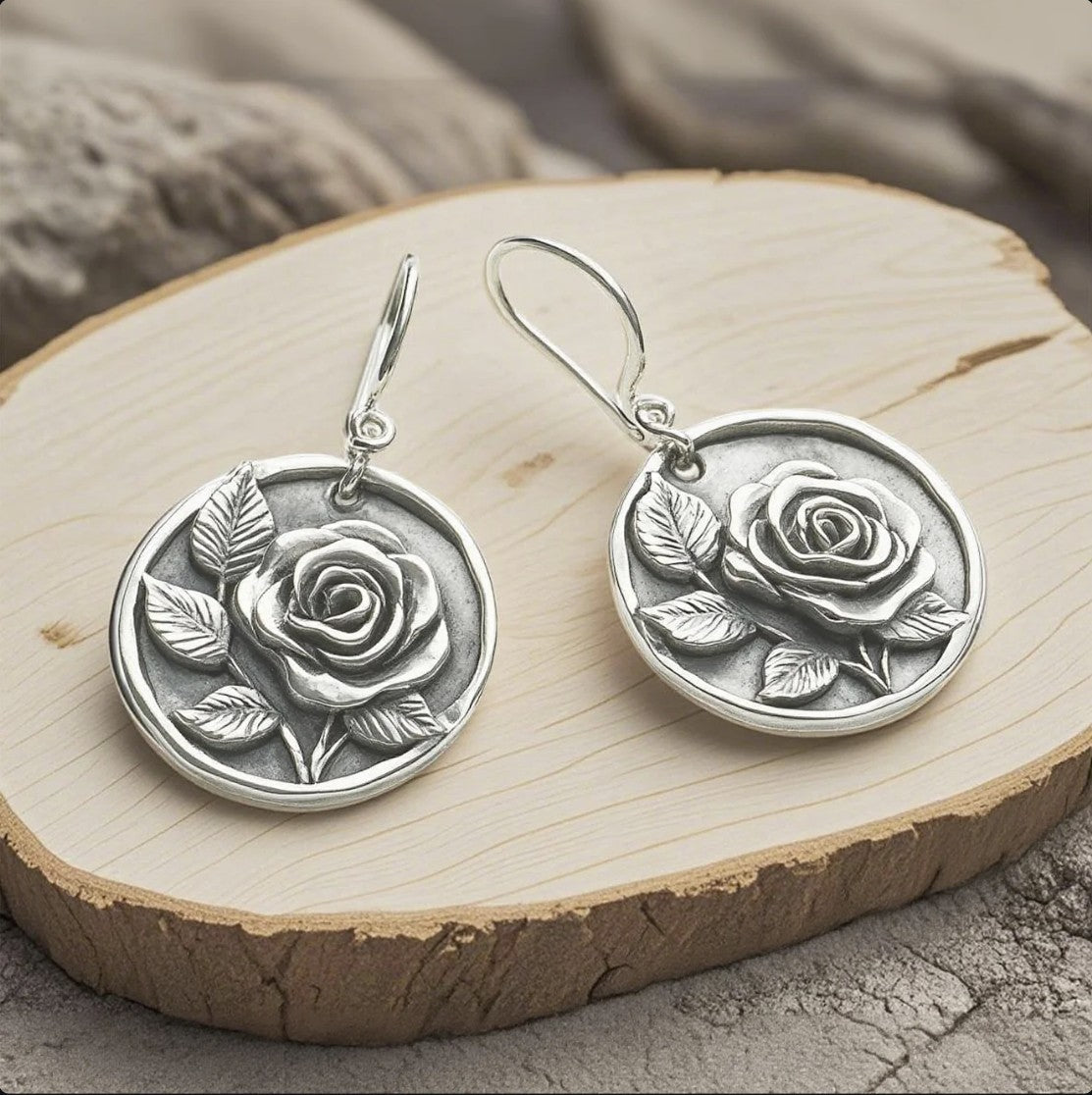 Vintage Rose Medallion Earrings – Antique Silver Floral Drop Earrings