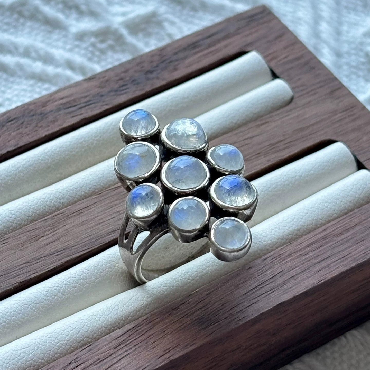 Moonstone Cluster Statement Ring – Sterling Silver Nine-Stone Celestial Goddess Ring