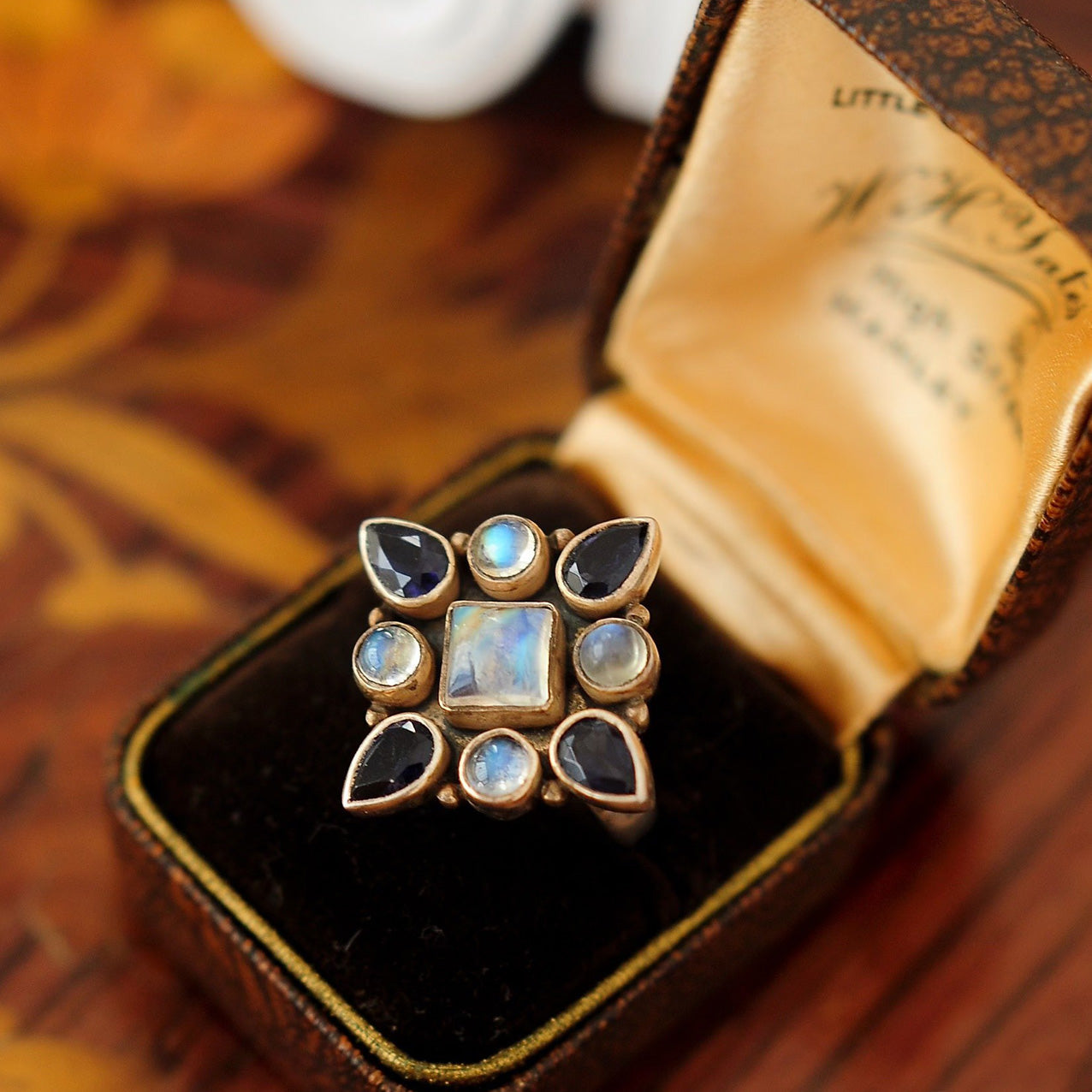 Boho Vintage Statement Ring – Moonstone & Black Onyx Floral Cluster in Antique Bronze Setting
