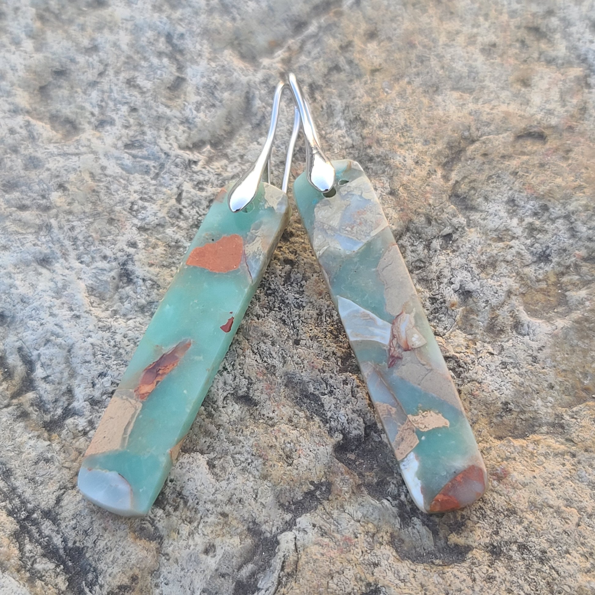 Handmade Sage Green & Earth-Tone Mosaic Resin Earrings – Long Rectangular Drops with Silver Hooks