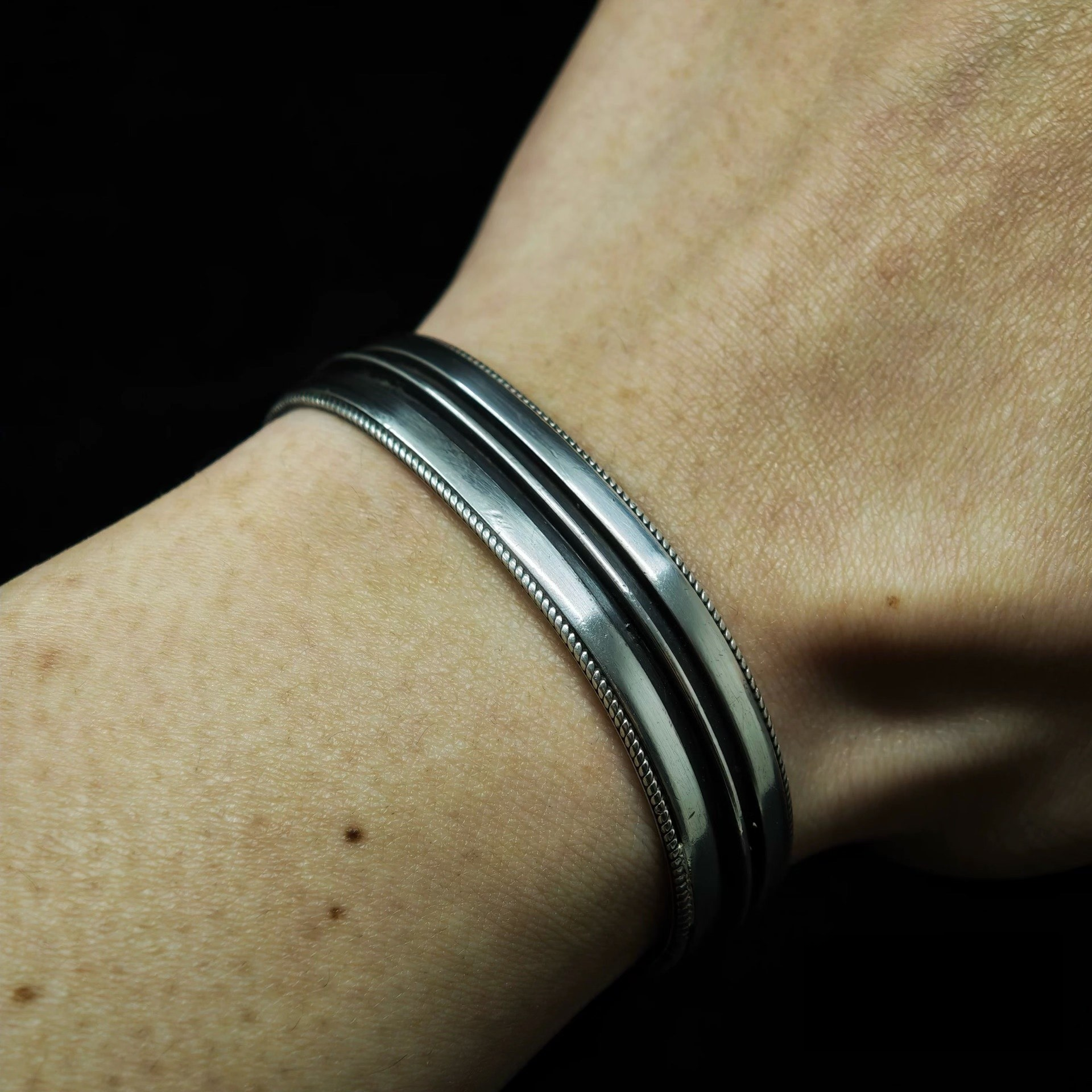 Minimalist Sterling Silver Cuff Bracelet with Dual Groove Design –  Handmade Polished Bangle