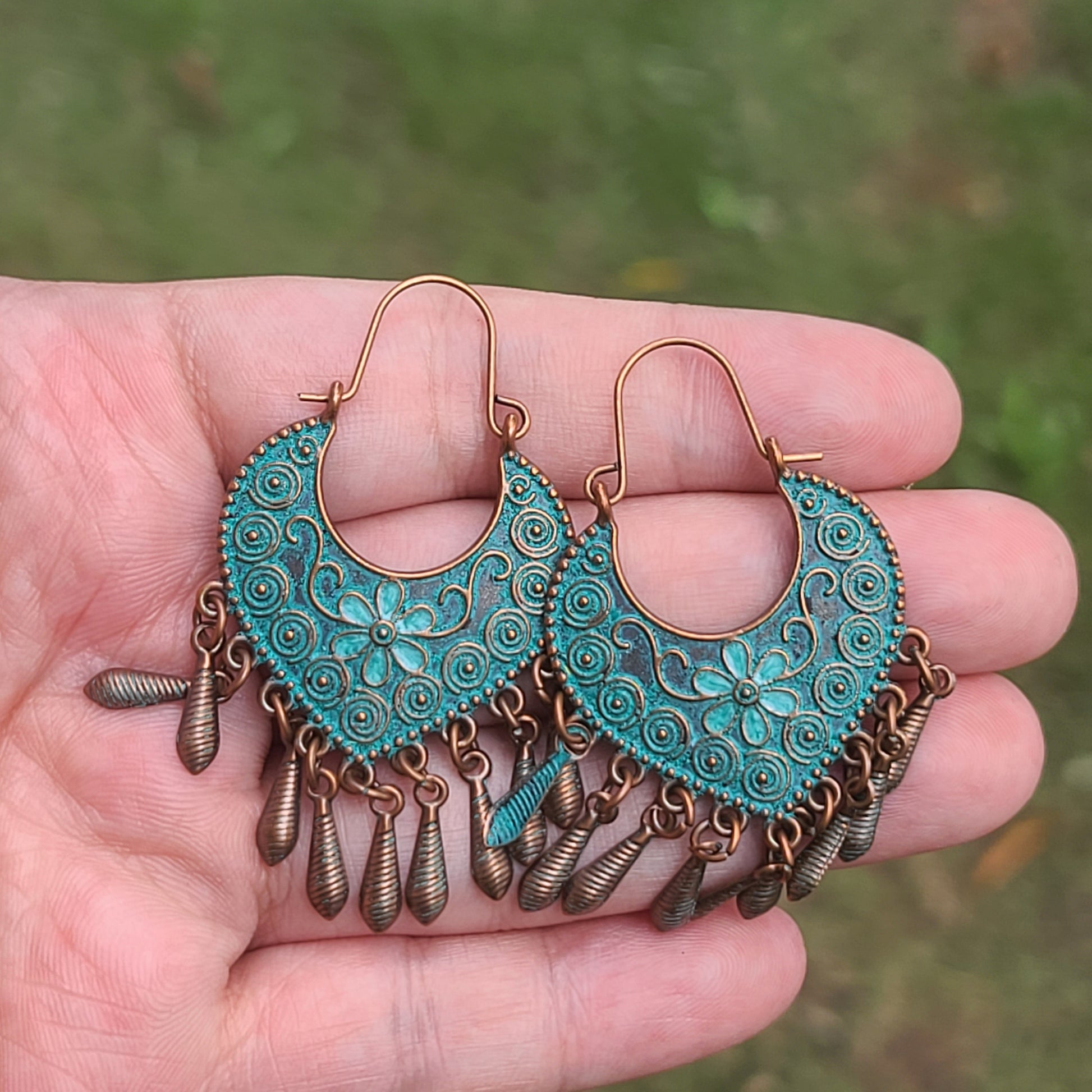 Bohemian Vintage Turquoise Chandelier Earrings – Antique Copper Floral Drop Dangles