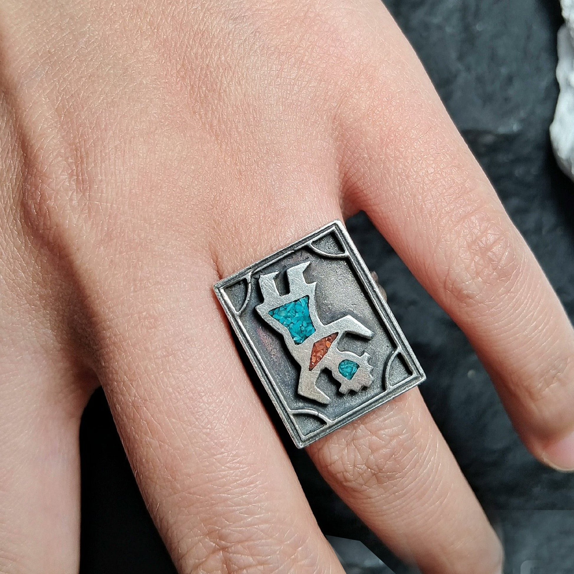 Vintage Southwestern Mosaic Ring – Sterling Silver Rectangle Ring with Turquoise & Coral Inlay Tribal Dancer Design