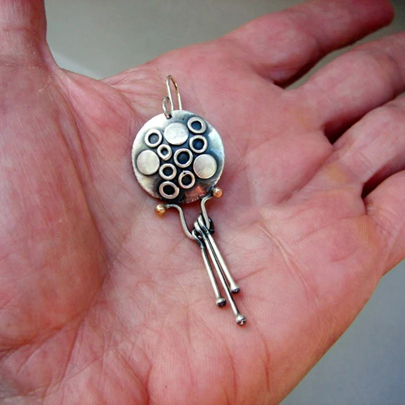 Vintage Geometric Dangle Earrings – Antique Silver Circle Drop with Tribal Tassels