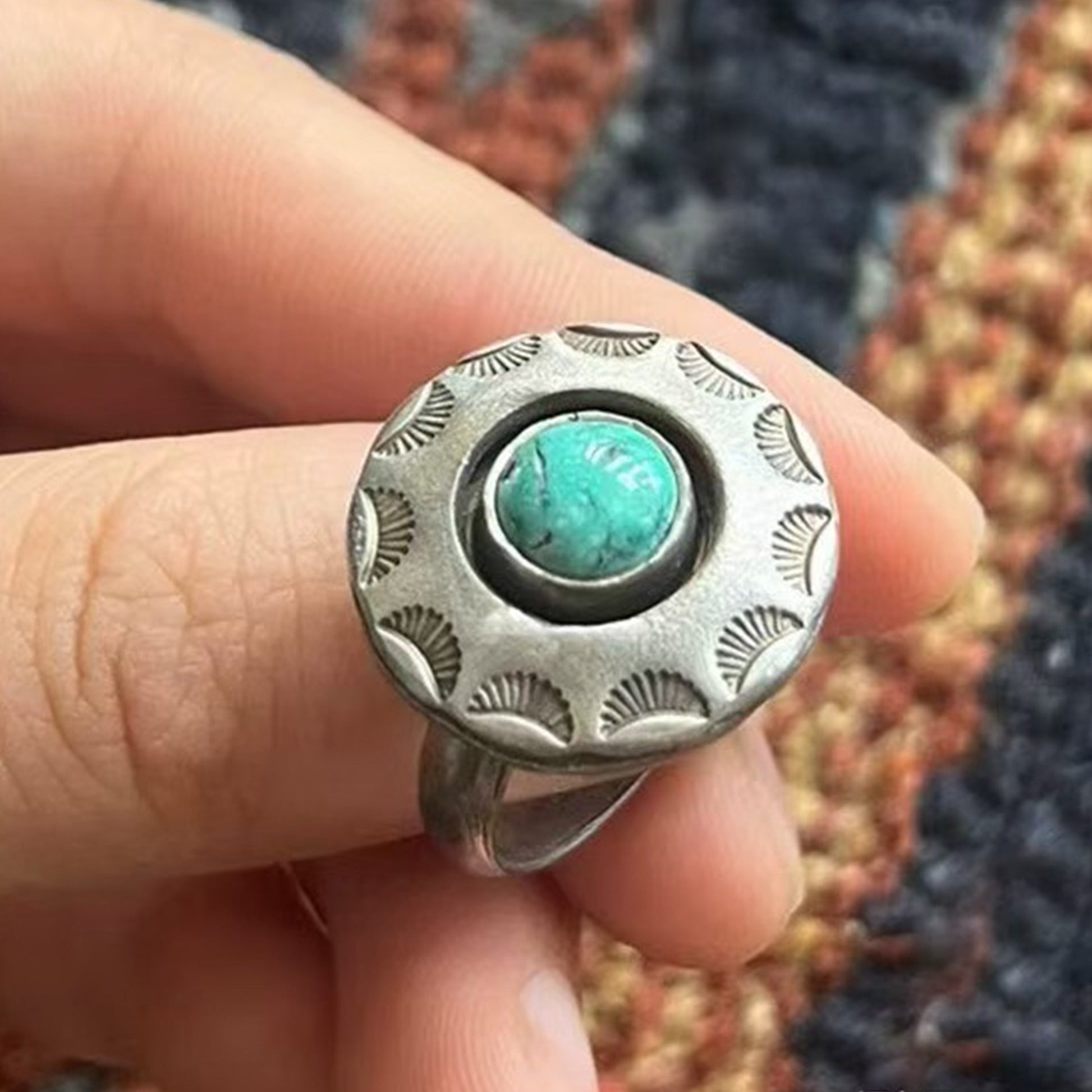 Vintage Southwestern Sterling Silver Ring – Round Concho Design with Turquoise Center Stone