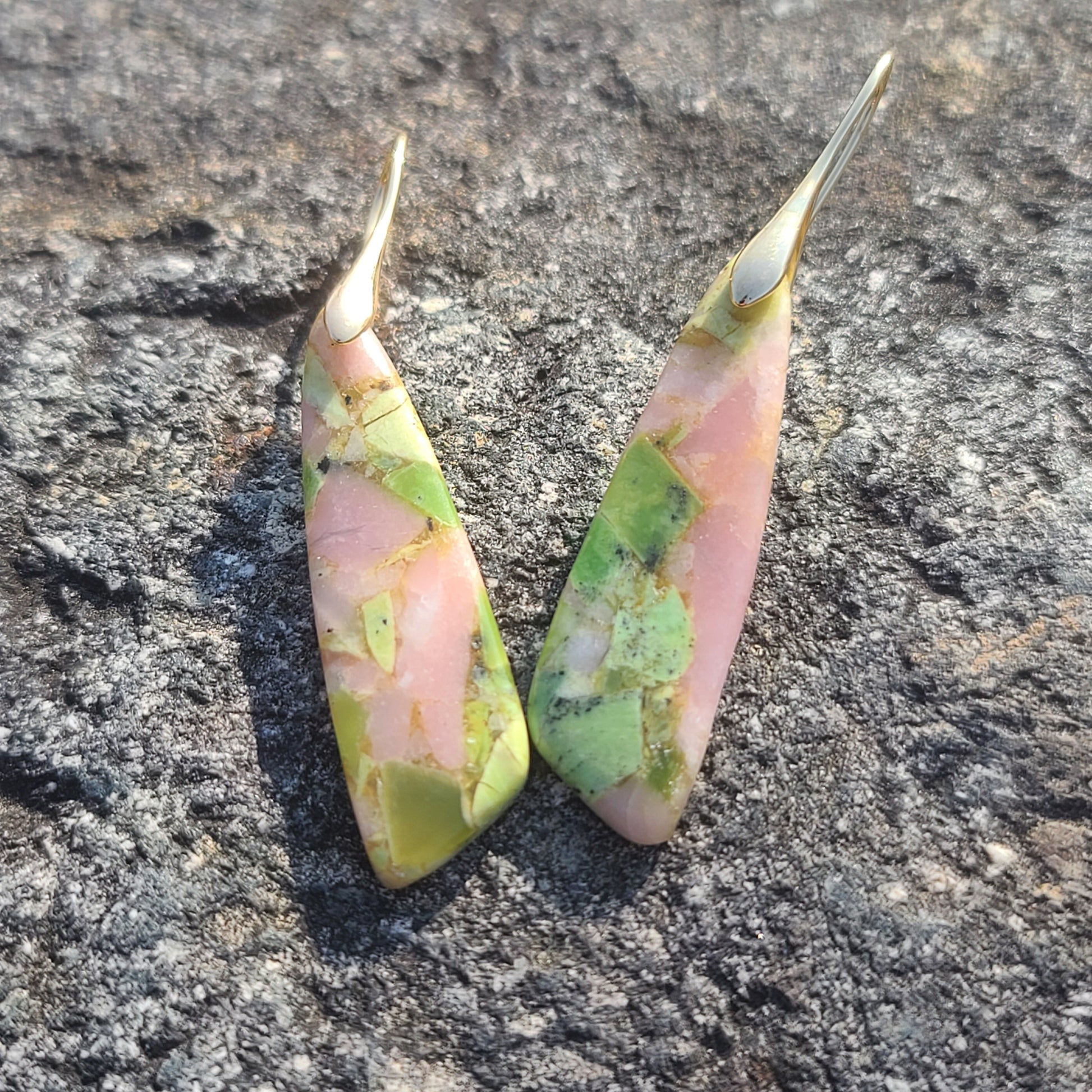 Handmade Pastel Green & Pink Mosaic Resin Earrings – Nature-Inspired Drop Earrings with Gold Hooks