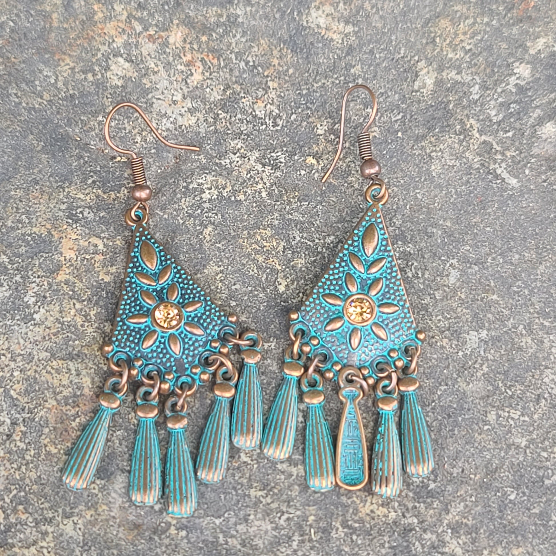 Bohemian Vintage Turquoise Chandelier Earrings – Antique Copper Floral Drop Dangles