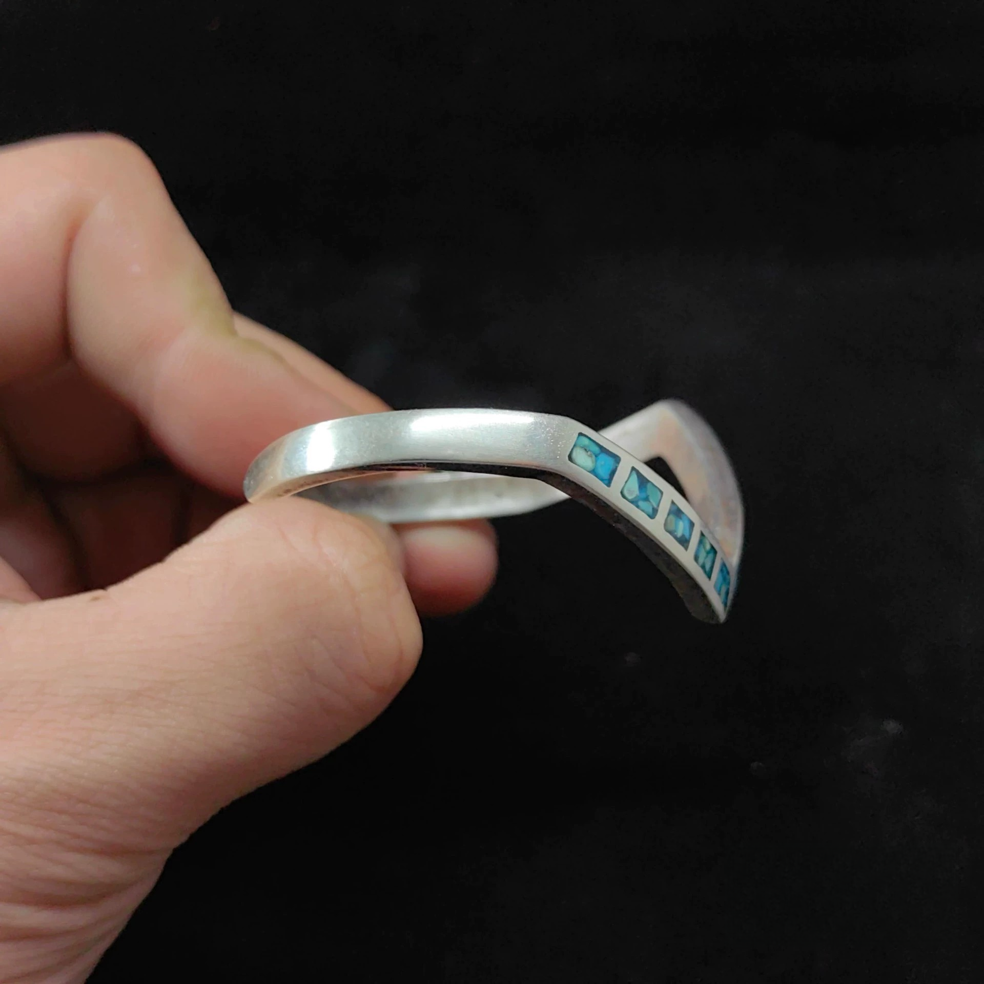 Chevron Turquoise Inlay Sterling Silver Cuff Bracelet – V-Shaped Modern Southwestern Bangle for Women