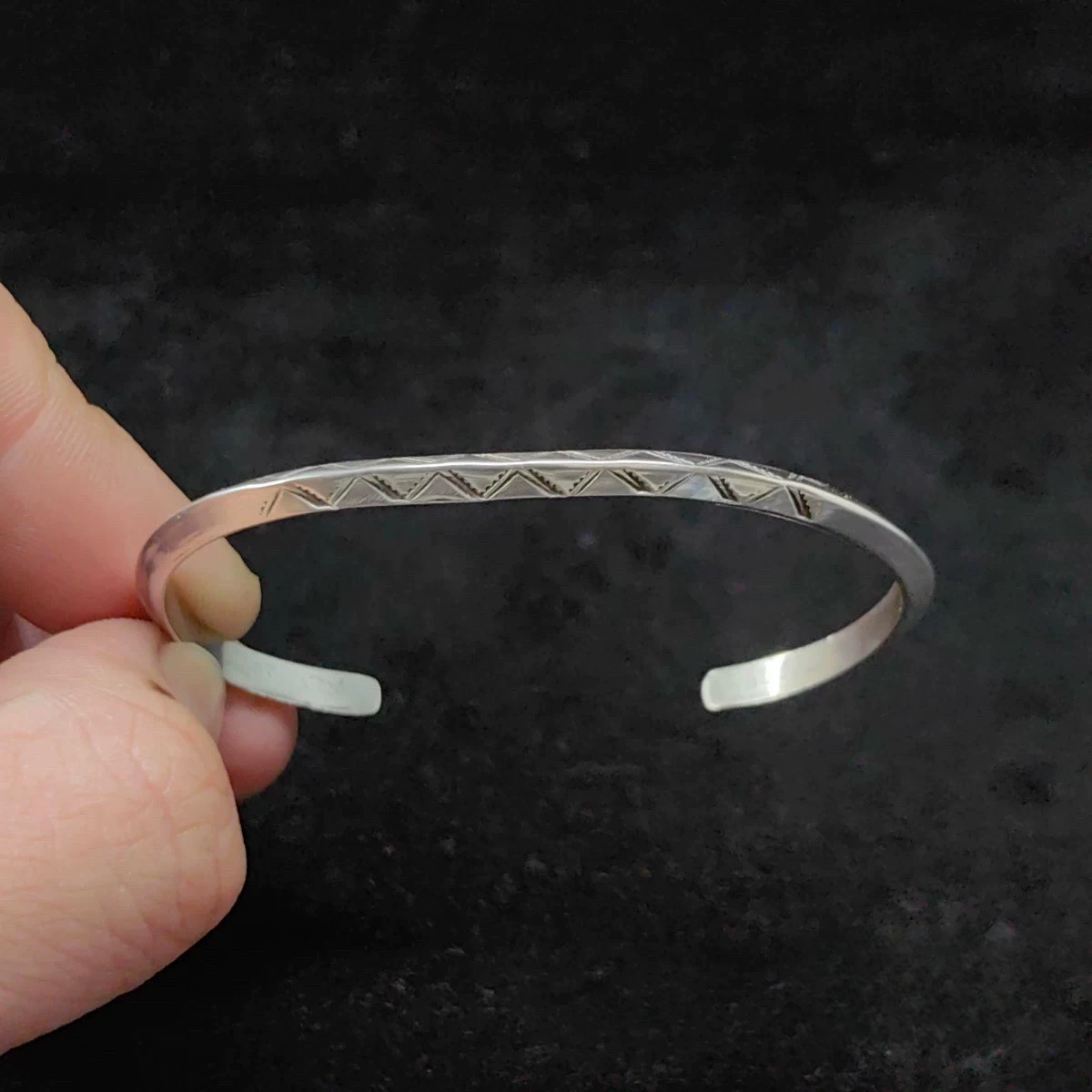 Geometric Engraved Sterling Silver Cuff Bracelet – Minimalist Triangle Pattern Open Bangle for Men and Women