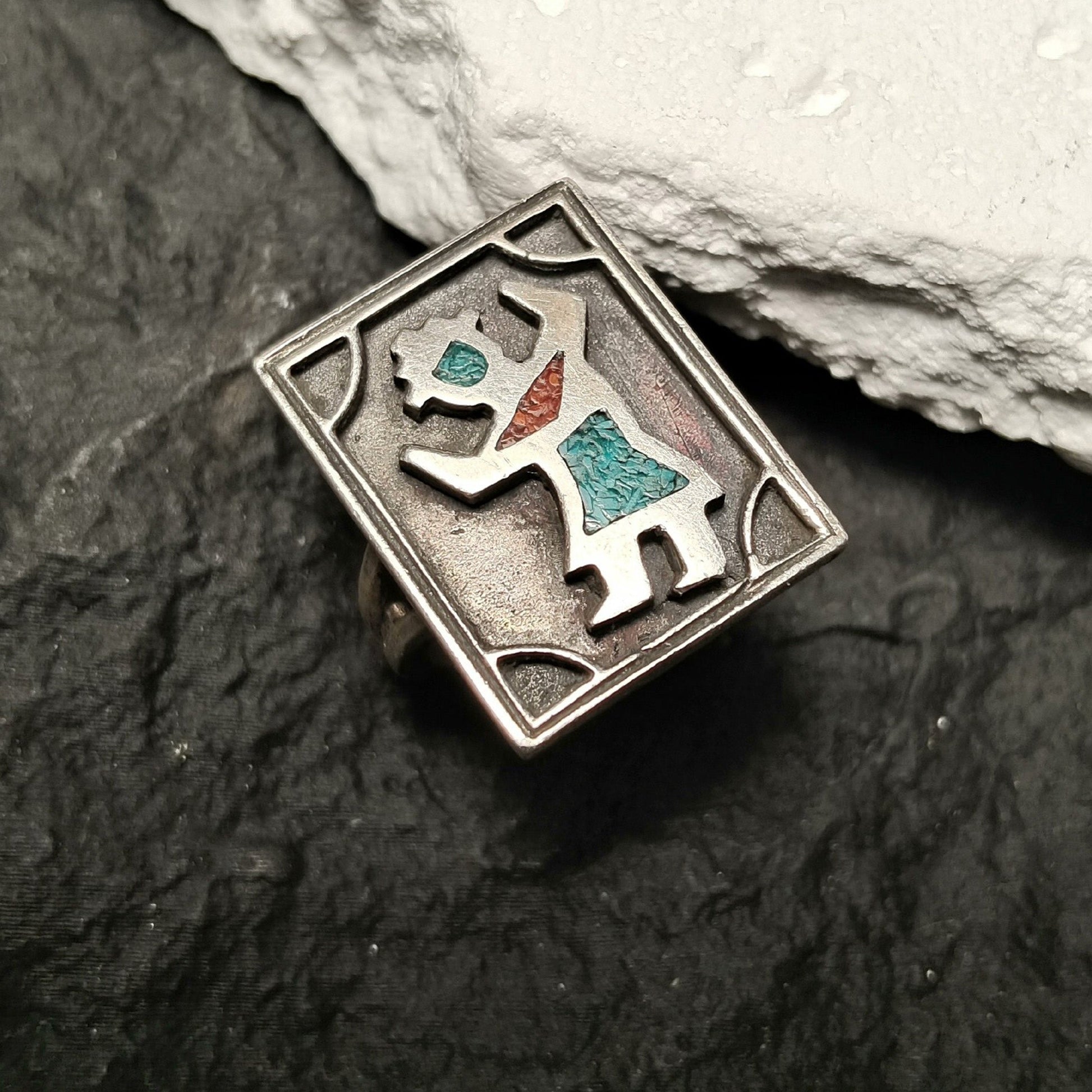 Vintage Southwestern Mosaic Ring – Sterling Silver Rectangle Ring with Turquoise & Coral Inlay Tribal Dancer Design