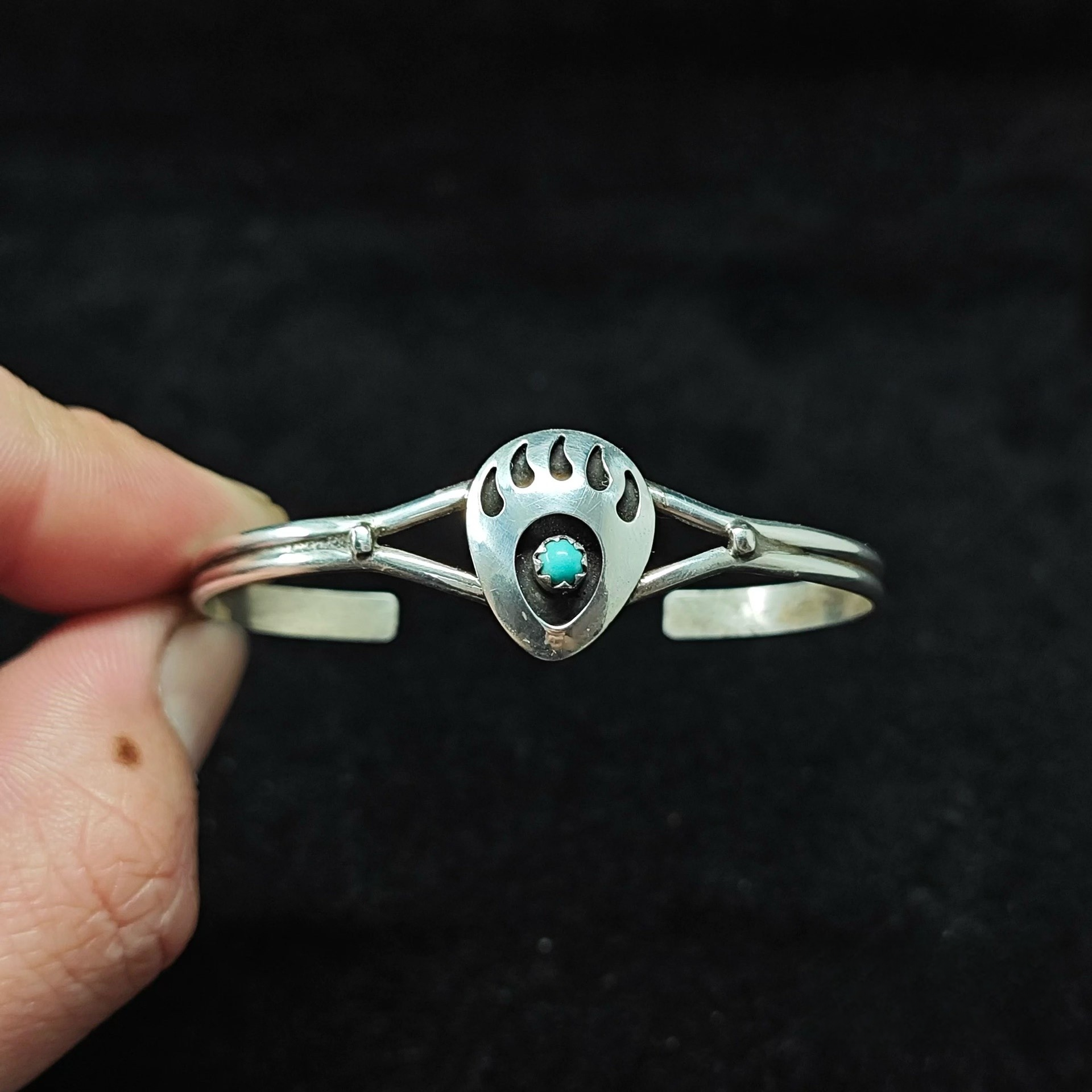 Sterling Silver Bear Paw Cuff Bracelet with Turquoise – Native American Inspired Tribal Bangle