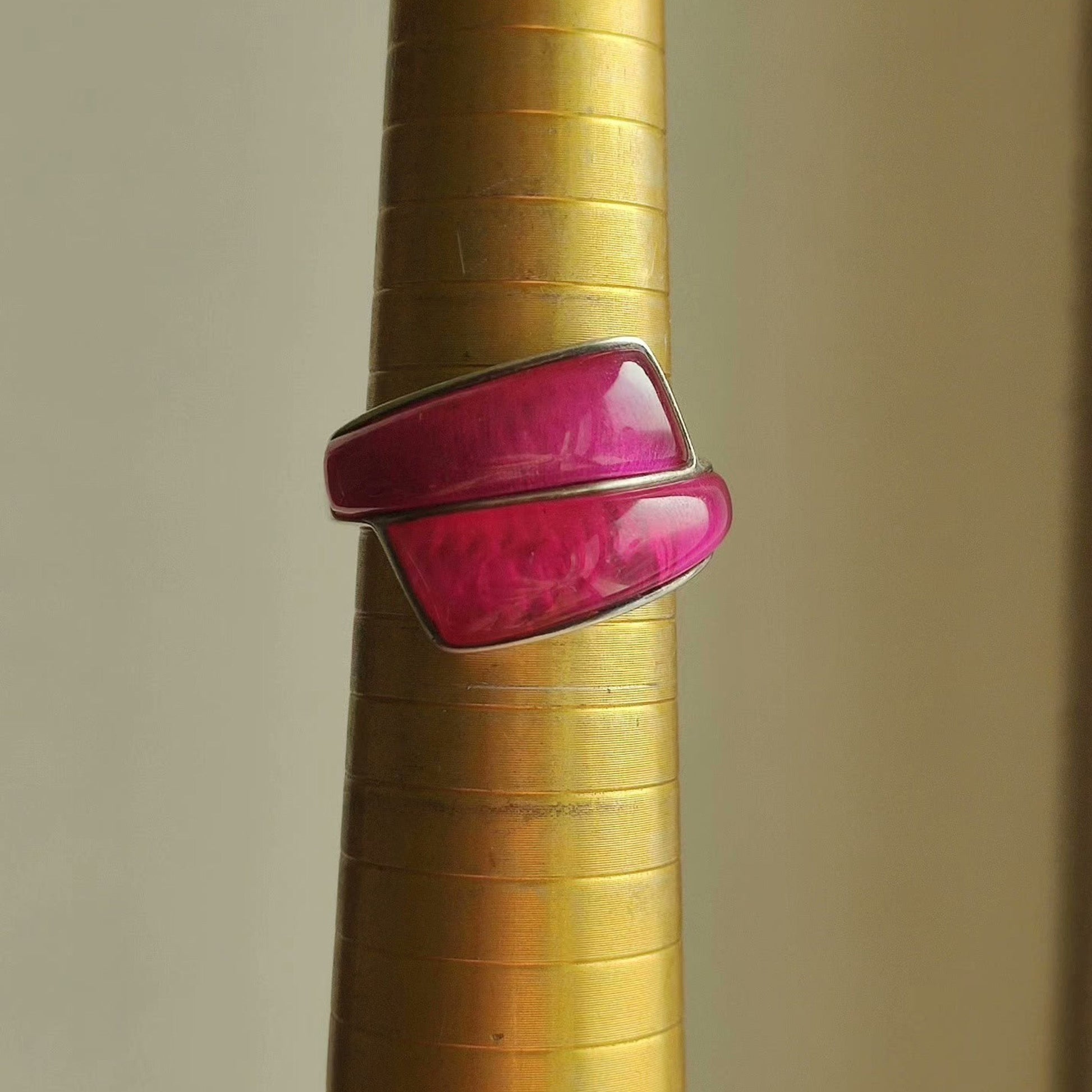 Modern Statement Ring with Bold Red Resin Inlay – Sterling Silver Geometric Wrap Design