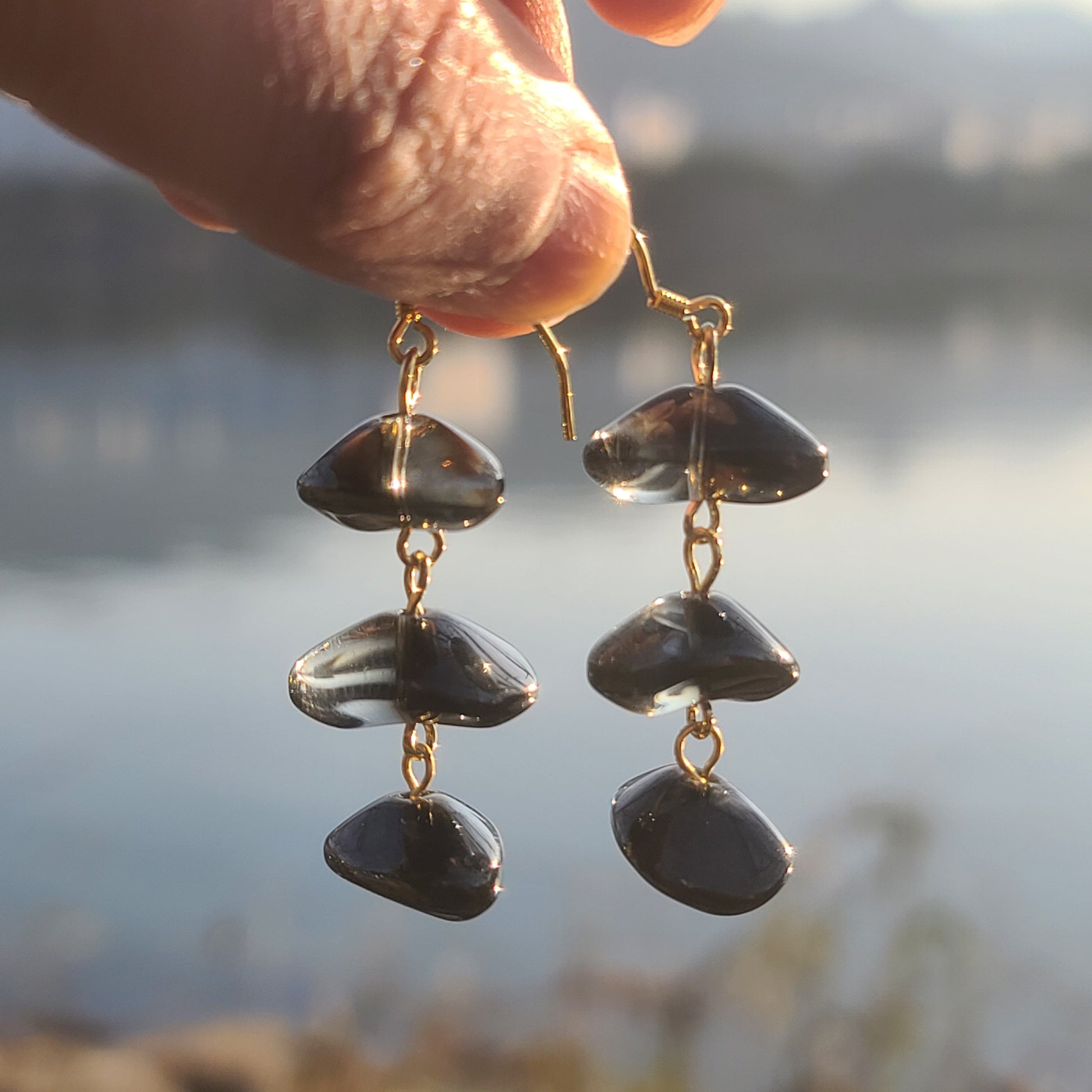 Handmade Black Glass Nugget Drop Earrings – Gold Hook Boho Chic Jewelry