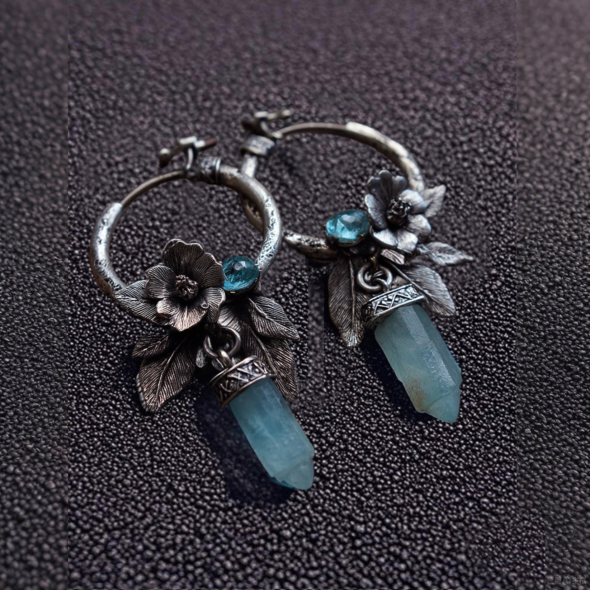Vintage Floral Crystal Dangle Earrings – Antique Silver Hoop Earrings with Blue Quartz Point and Leaf Detail