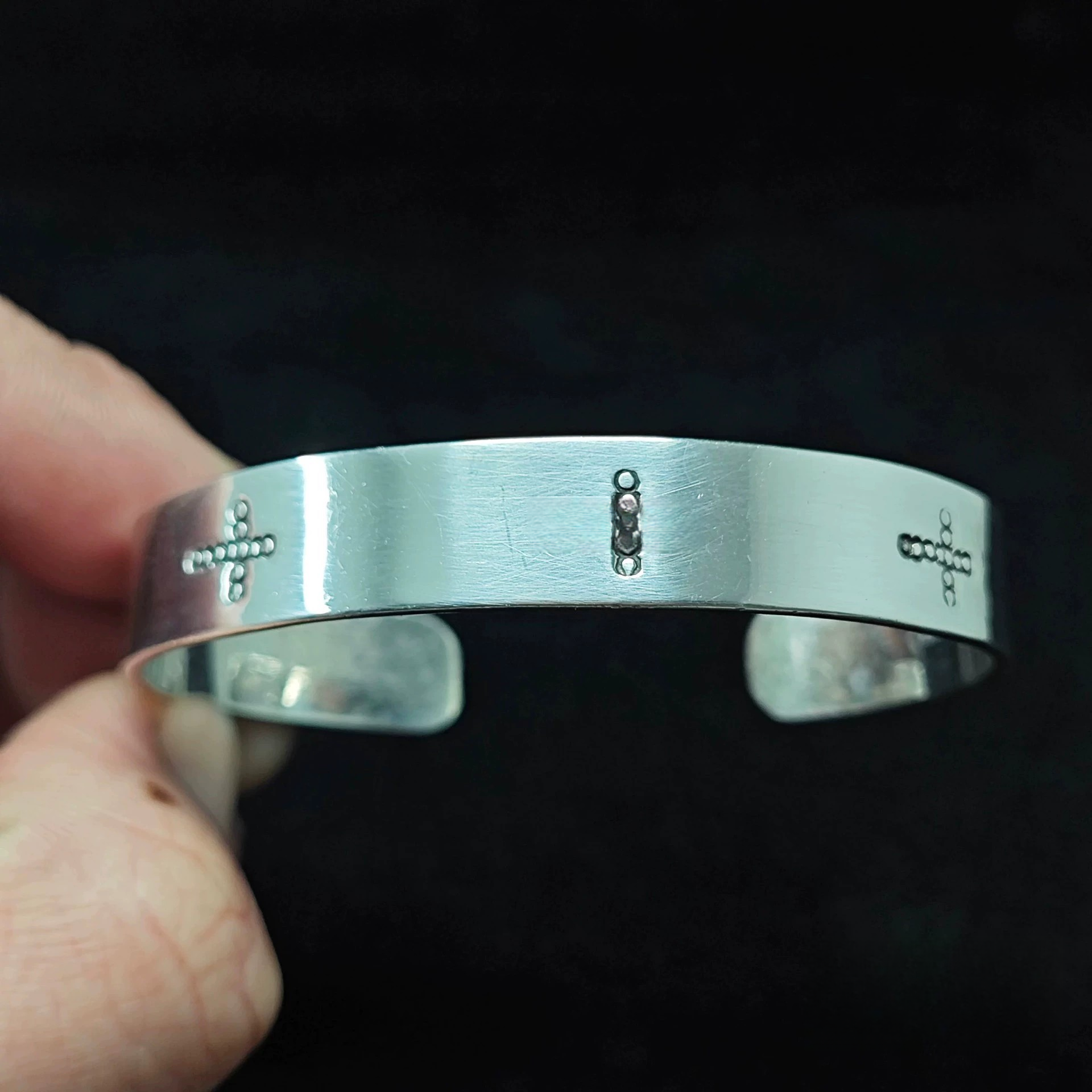 Minimalist Sterling Silver Cuff Bracelet with Stamped Cross and Dot Accents – Handmade Unisex Bangle