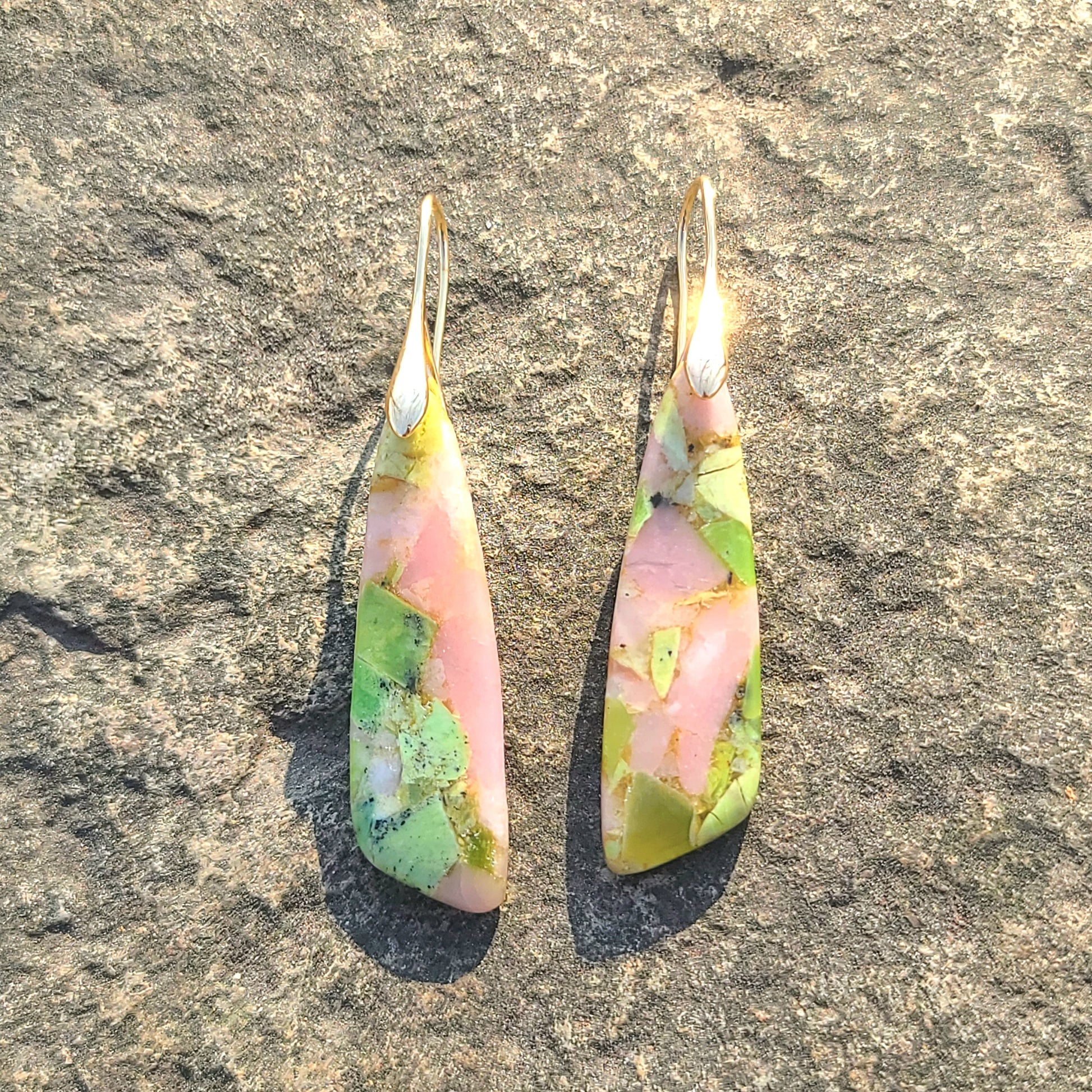 Handmade Pastel Green & Pink Mosaic Resin Earrings – Nature-Inspired Drop Earrings with Gold Hooks