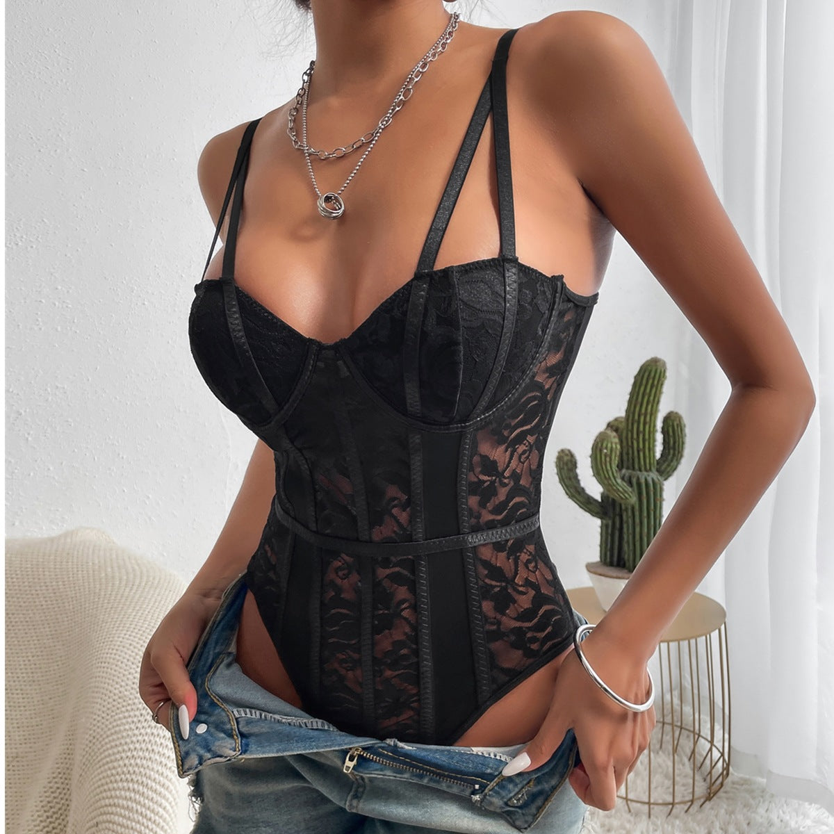 Floral Lace Spaghetti Strap Bodysuit