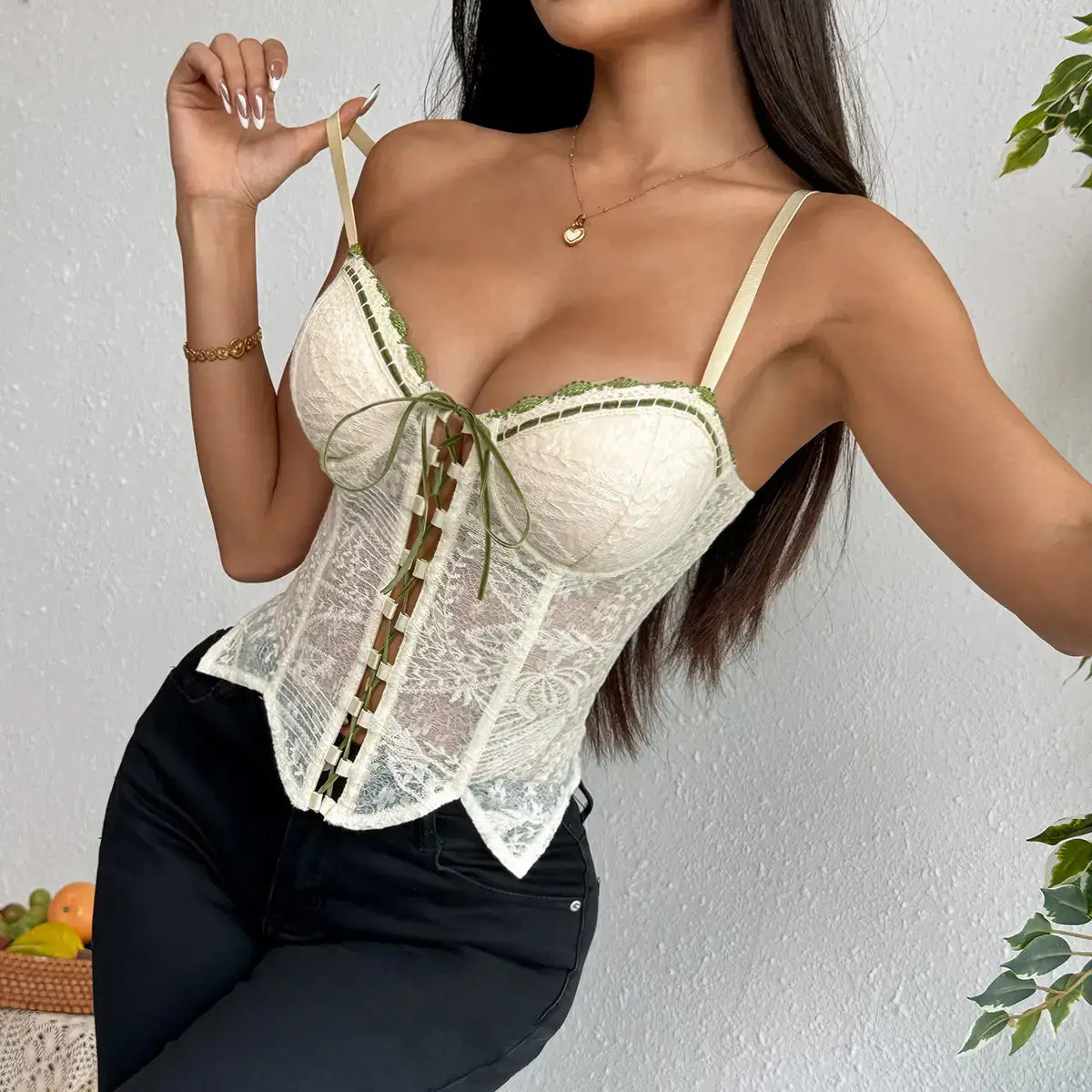 Sweet Floral Embroidered Knit Bustier with Lace-Up & Zipper