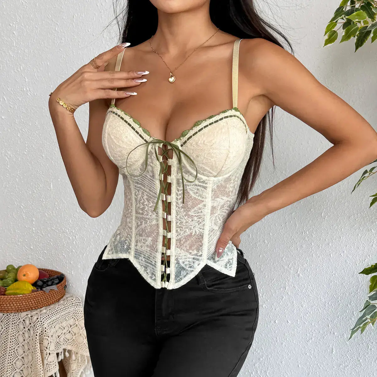 Sweet Floral Embroidered Knit Bustier with Lace-Up & Zipper
