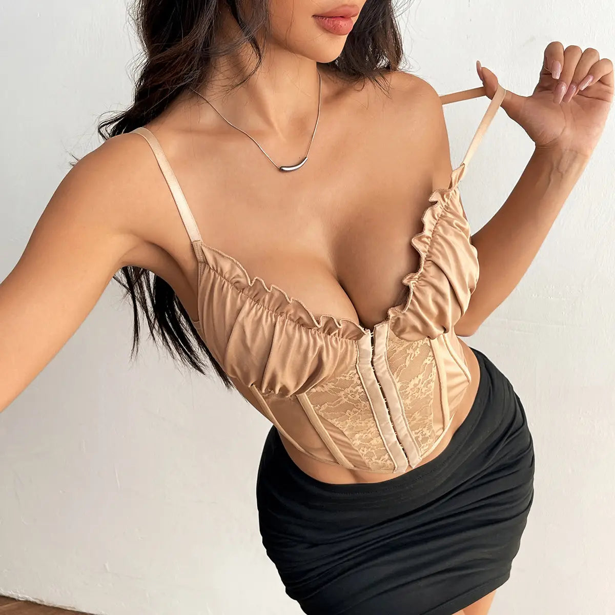 Lace Ruffle Bustier with Button Front & Boning