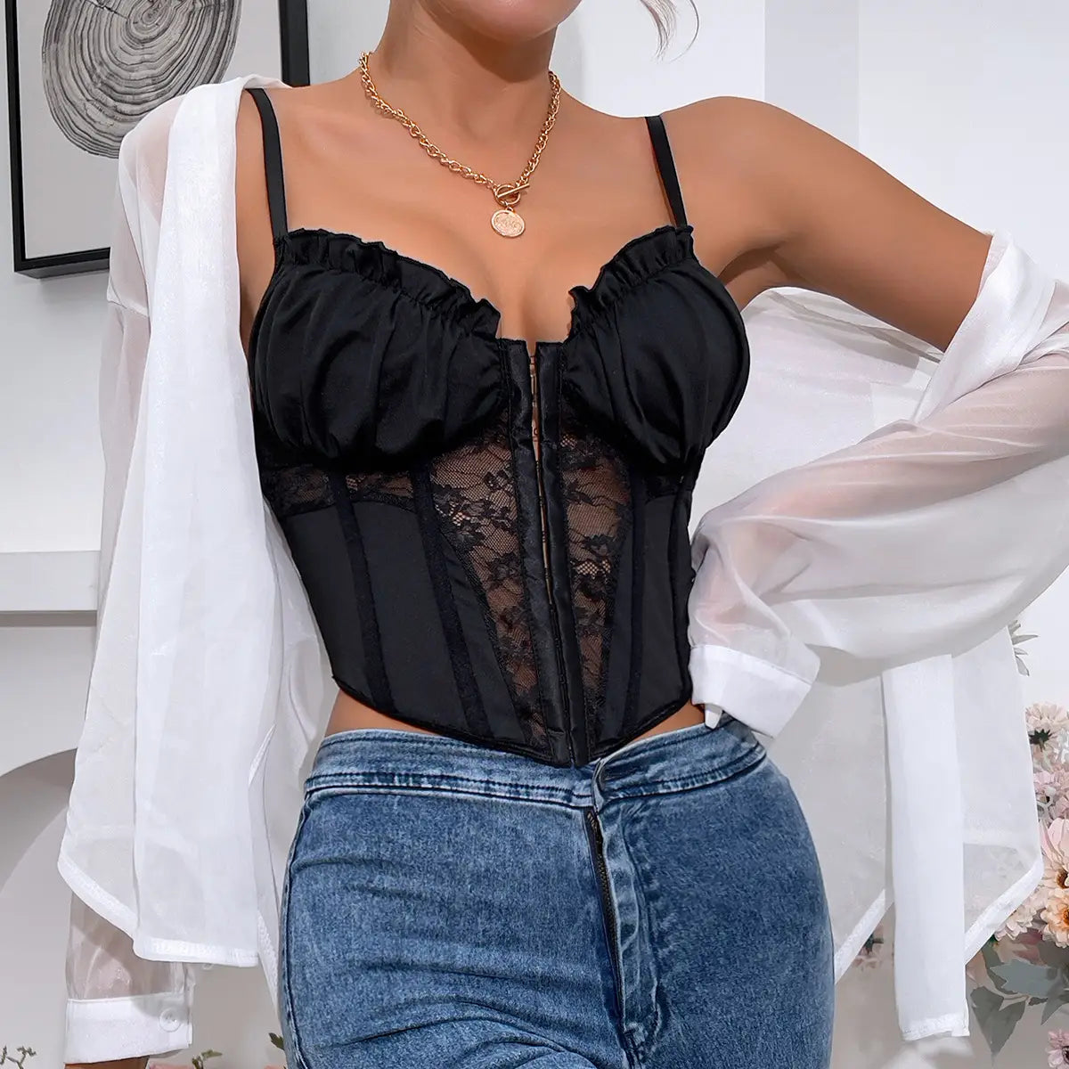 Lace Ruffle Bustier with Button Front & Boning
