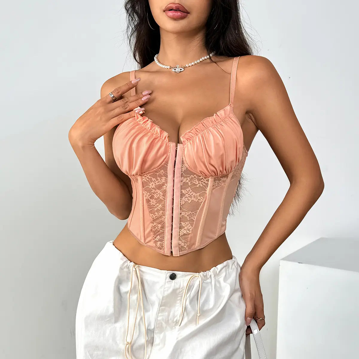 Lace Ruffle Bustier with Button Front & Boning
