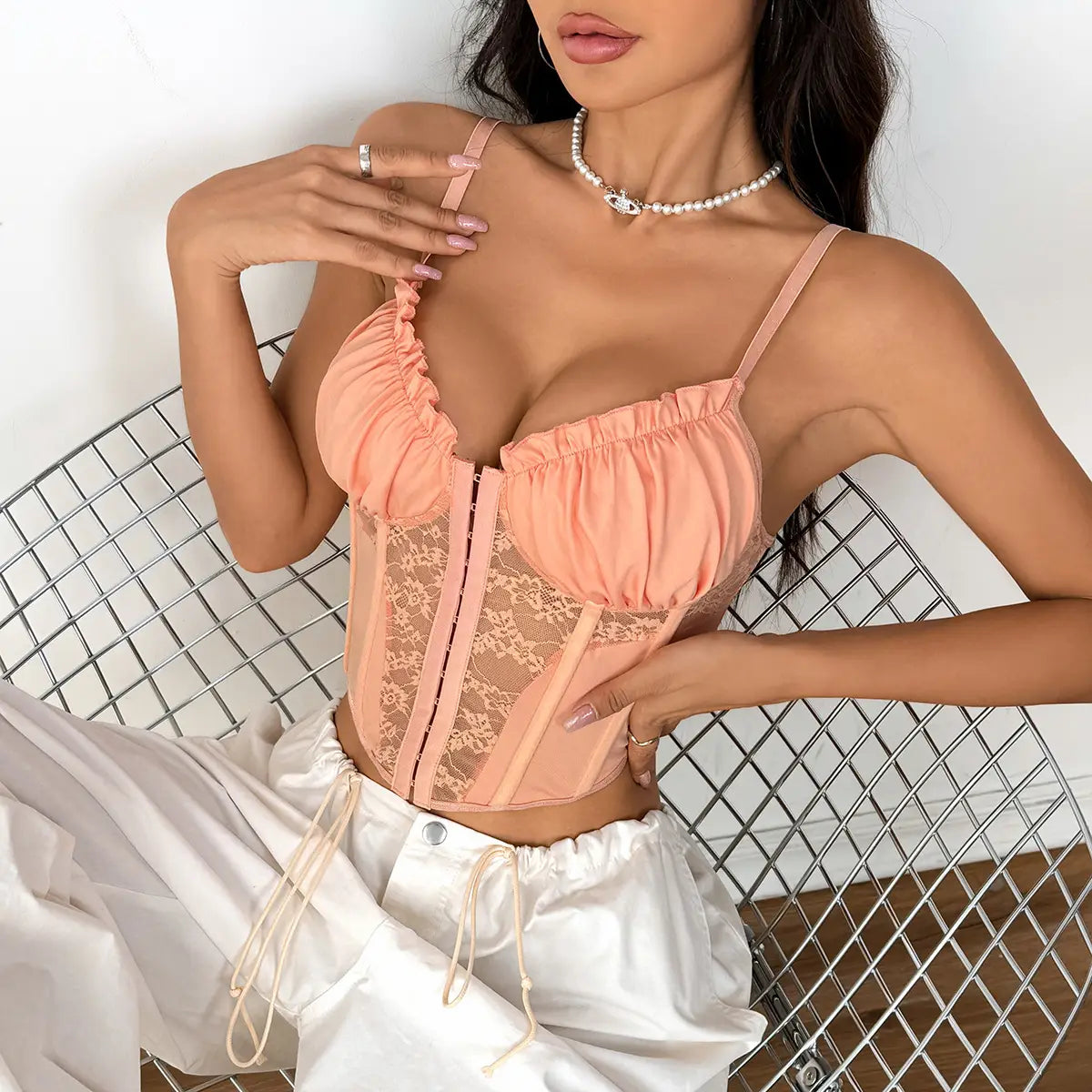 Lace Ruffle Bustier with Button Front & Boning