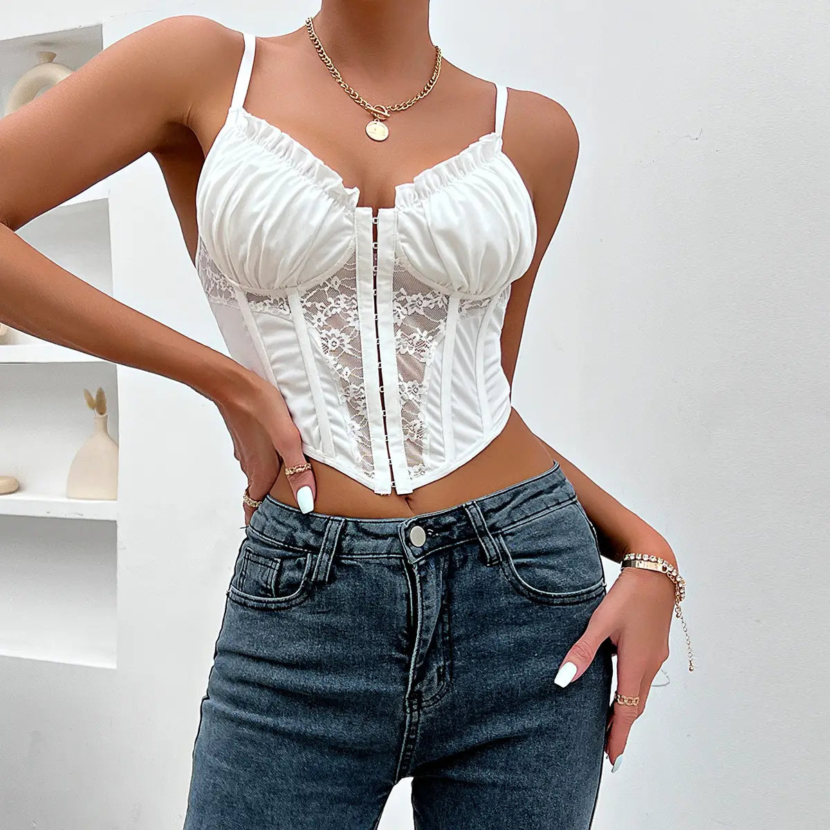 Lace Ruffle Bustier with Button Front & Boning