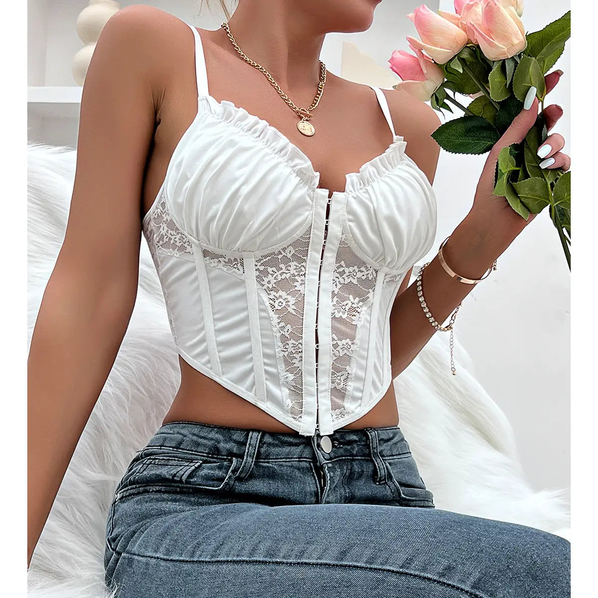 Lace Ruffle Bustier with Button Front & Boning